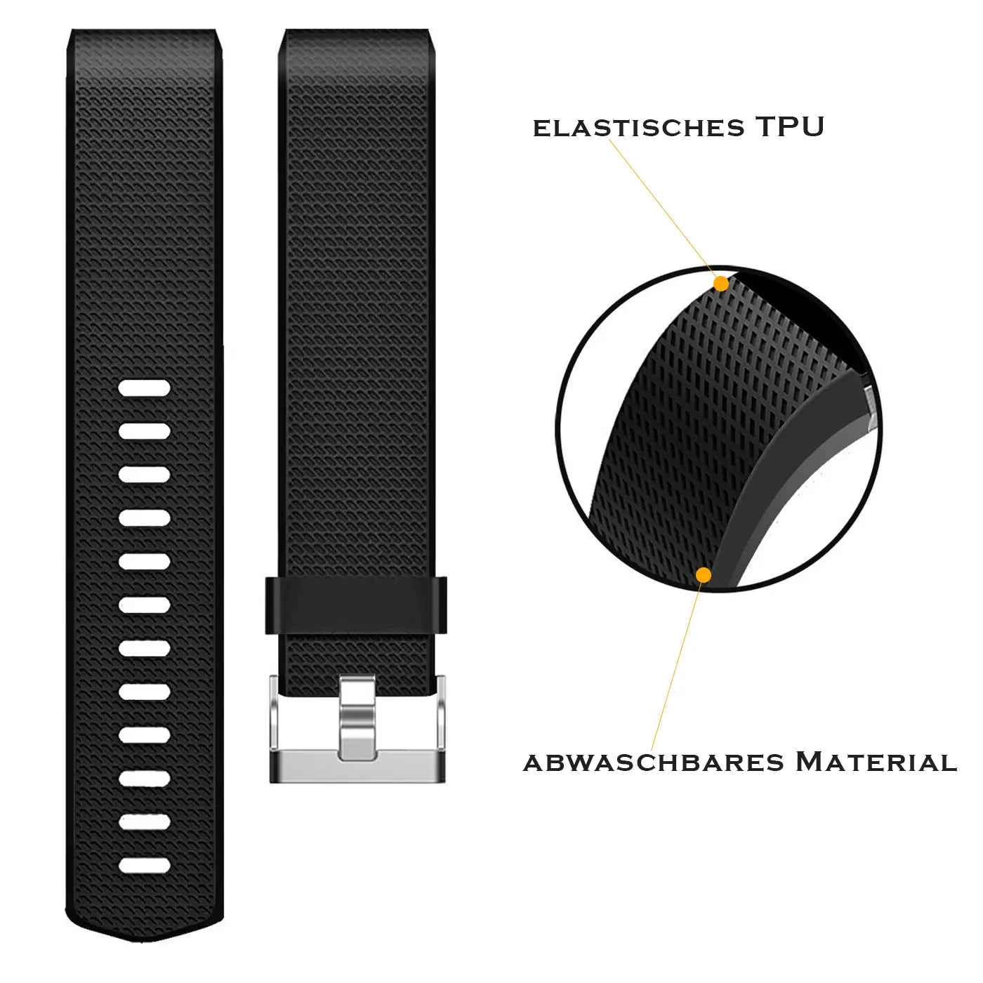 Schwarzes Silikonarmband für Fitbit Charge 2, von oben. Links mit Löchern, rechts mit silberner Schnalle. Detailansicht.