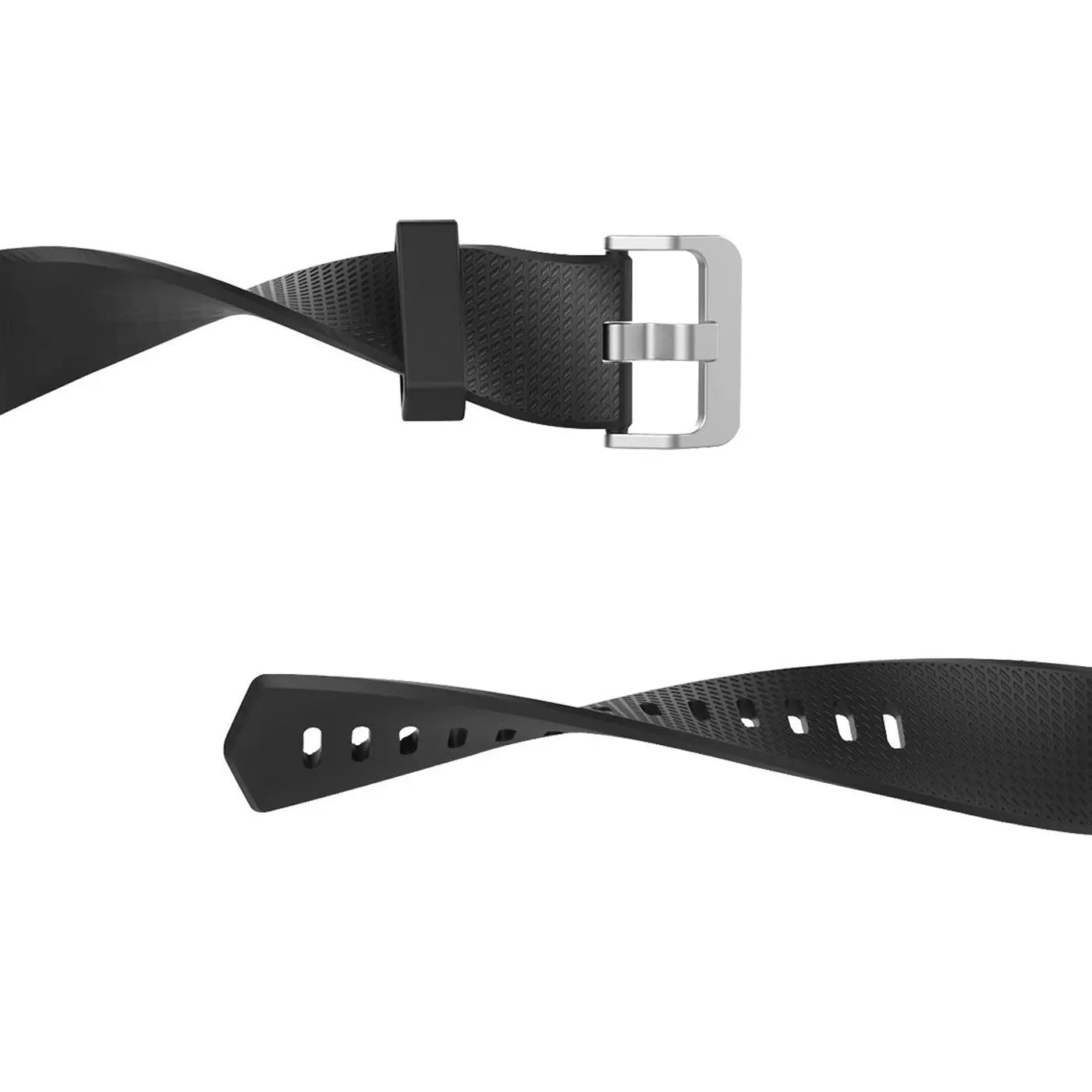 Schwarzes Silikonarmband für Fitbit Charge 2, mit silberner Dornschließe. Die beiden Bandhälften sind verdreht dargestellt.