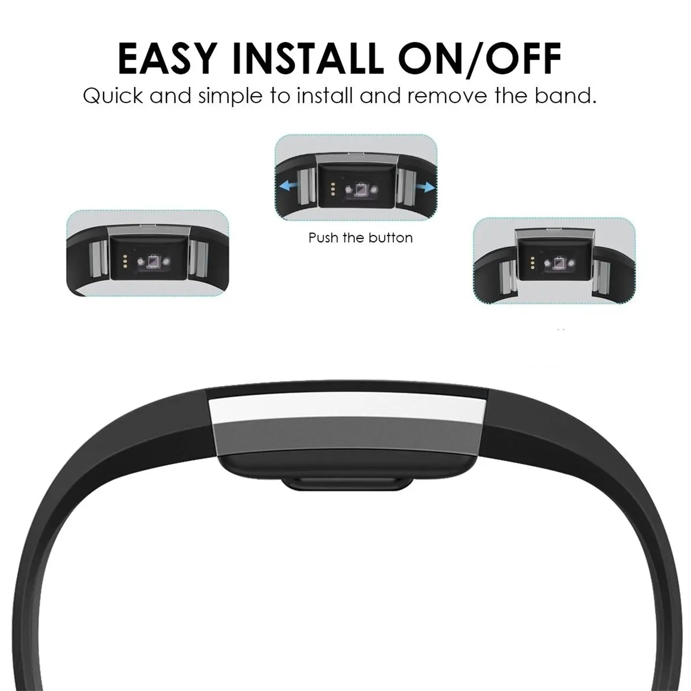 Schwarzes Silikonarmband für Fitbit Charge 2, von oben, mit drei Detailansichten zum Anbringen des Armbands.