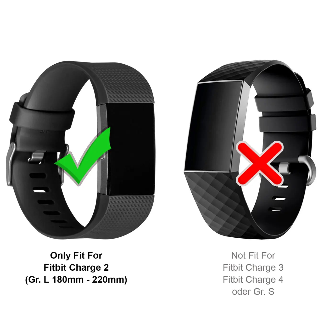 Schwarzes Silikonarmband für Fitbit Charge 2, seitliche Ansicht. Grüner Haken auf dem Armband.