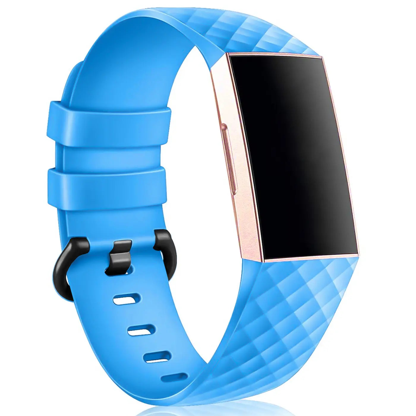 Blaues Silikonarmband für Fitbit Charge 3/4 mit rautenförmiger Textur, goldfarbenem Gehäuse und schwarzer Schnalle, schräg.