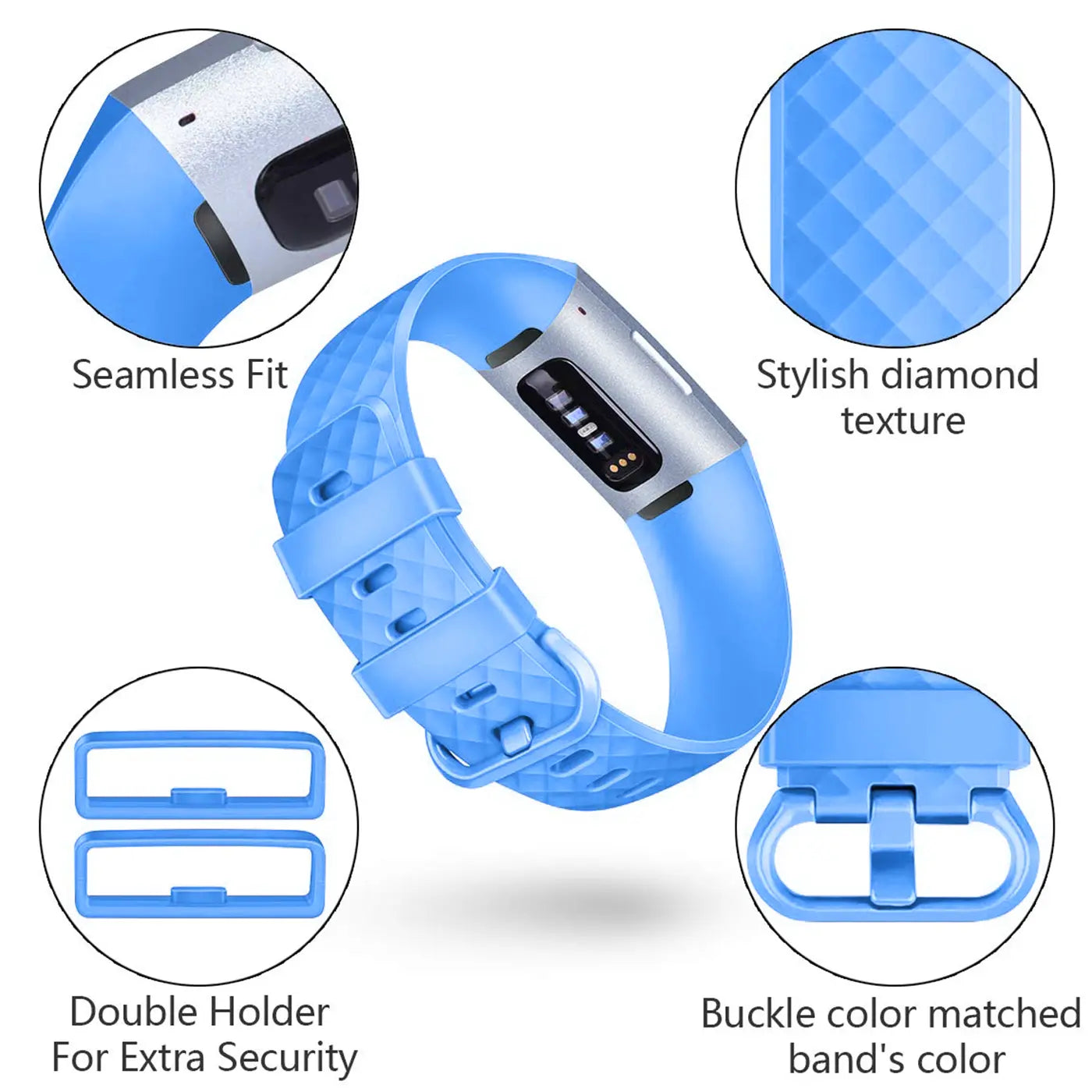 Blaues Silikonarmband mit Rautenmuster für Fitbit Charge 3/4, Schnalle und zwei Halterungen, schräg von oben.