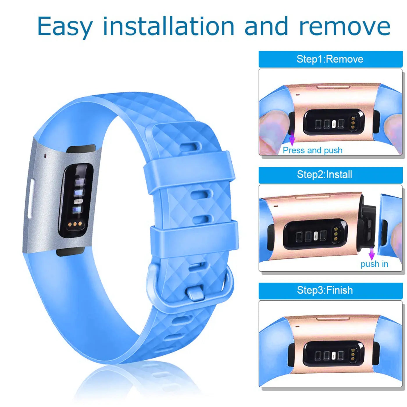 Blaues Silikonarmband für Fitbit Charge 3/4, von links oben schräg nach unten rechts. Rechts Montageanleitung.