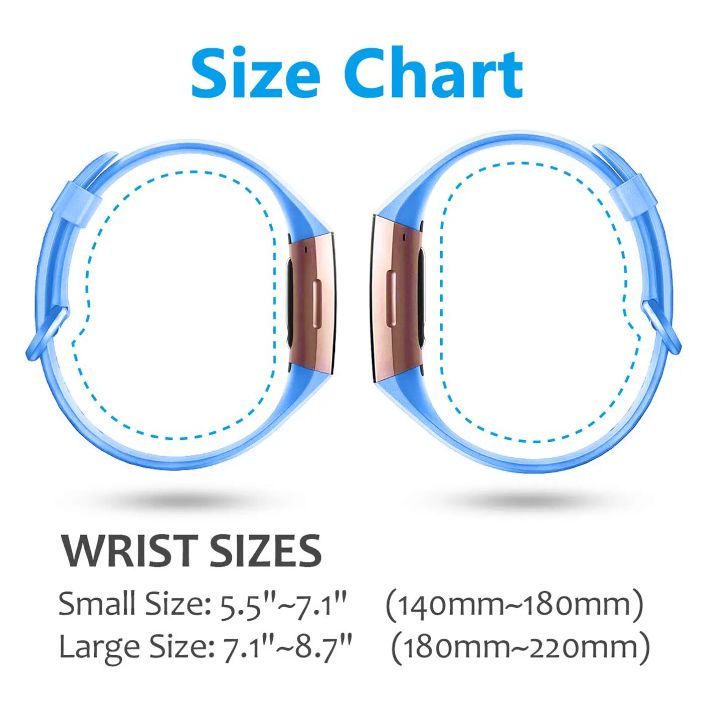 Größentabelle für Fitbit Charge 3/4 Silikonarmbänder in Blau, mit zwei Armbändern und Größenangaben.