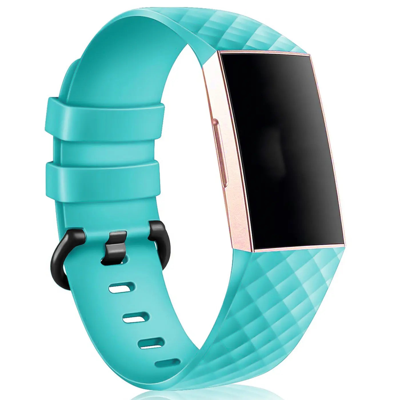 Türkises Silikonarmband für Fitbit Charge 3/4, mit Rautenmuster und schwarzer Schnalle, schräg von oben.