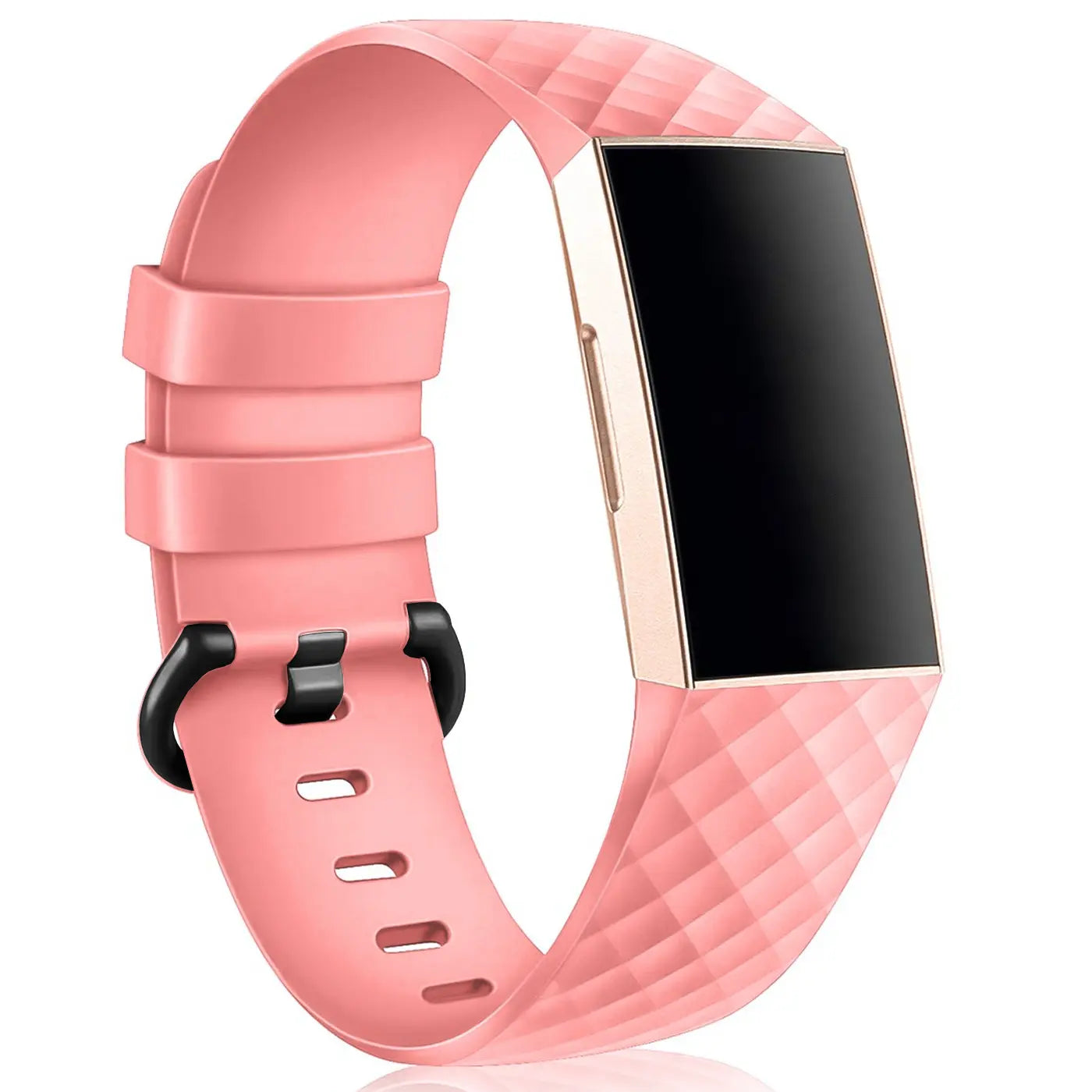 Fitbit Charge 3/4 mit rosafarbenem Silikonarmband und schwarzer Schnalle, schräg von oben auf weißem Hintergrund.