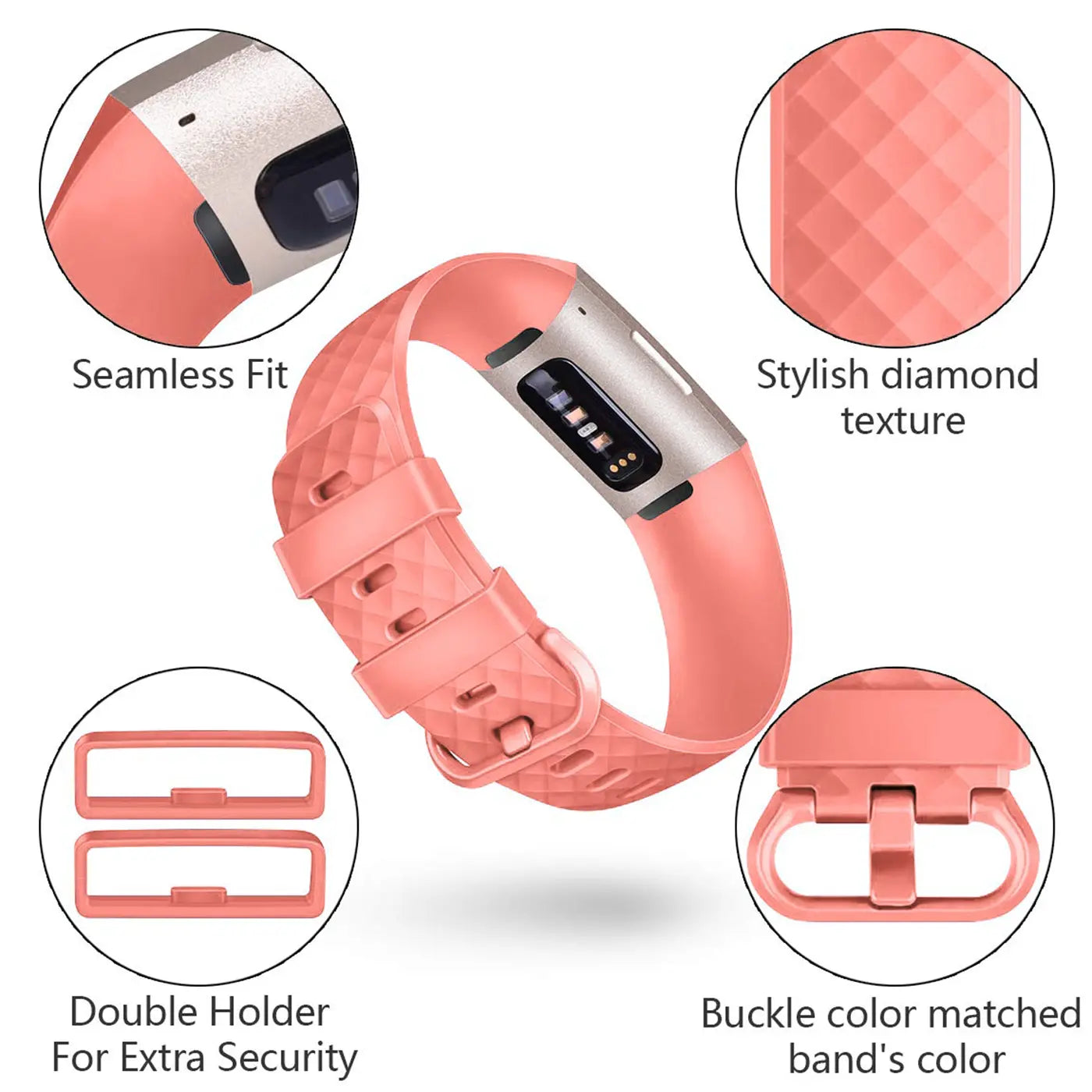 Lachsfarbenes Silikonarmband mit Rautenmuster für Fitbit Charge 3/4, Schnalle und zwei Halterungen, von oben.