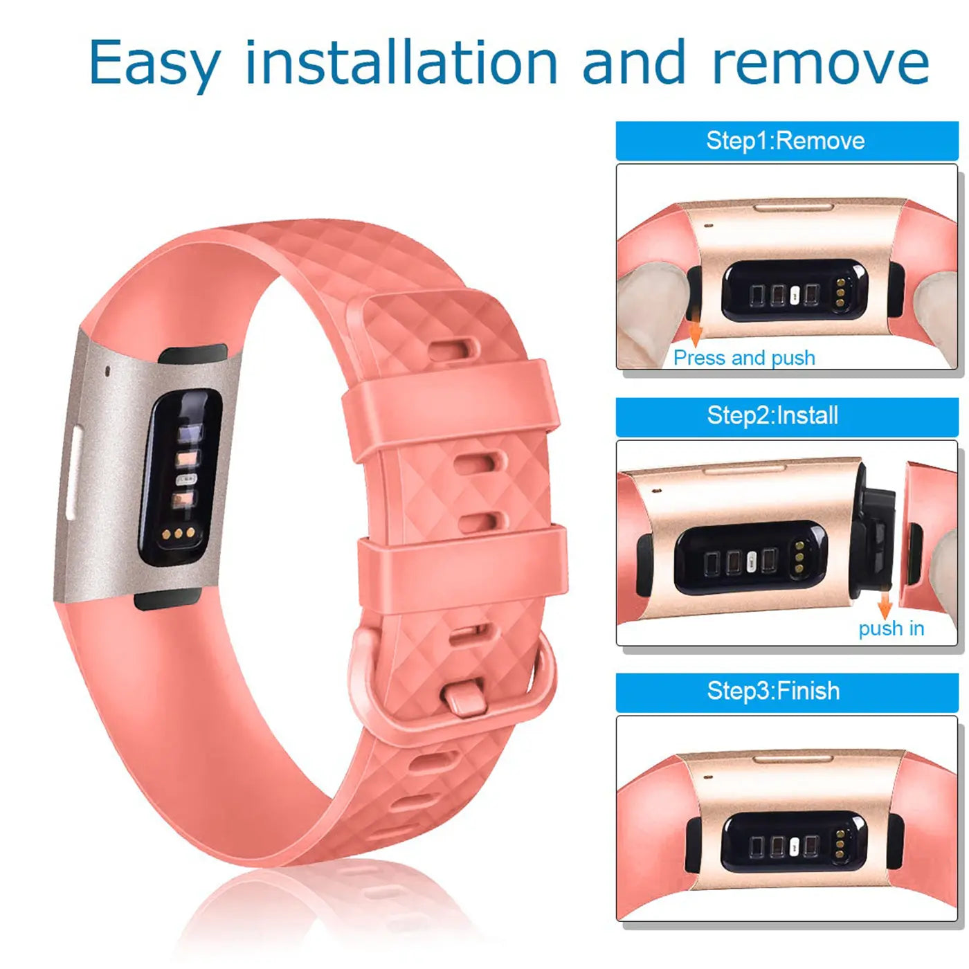Lachsfarbenes Silikonarmband für Fitbit Charge 3/4, von oben links. Rechts daneben 3 Schritte zur Montage des Armbands.