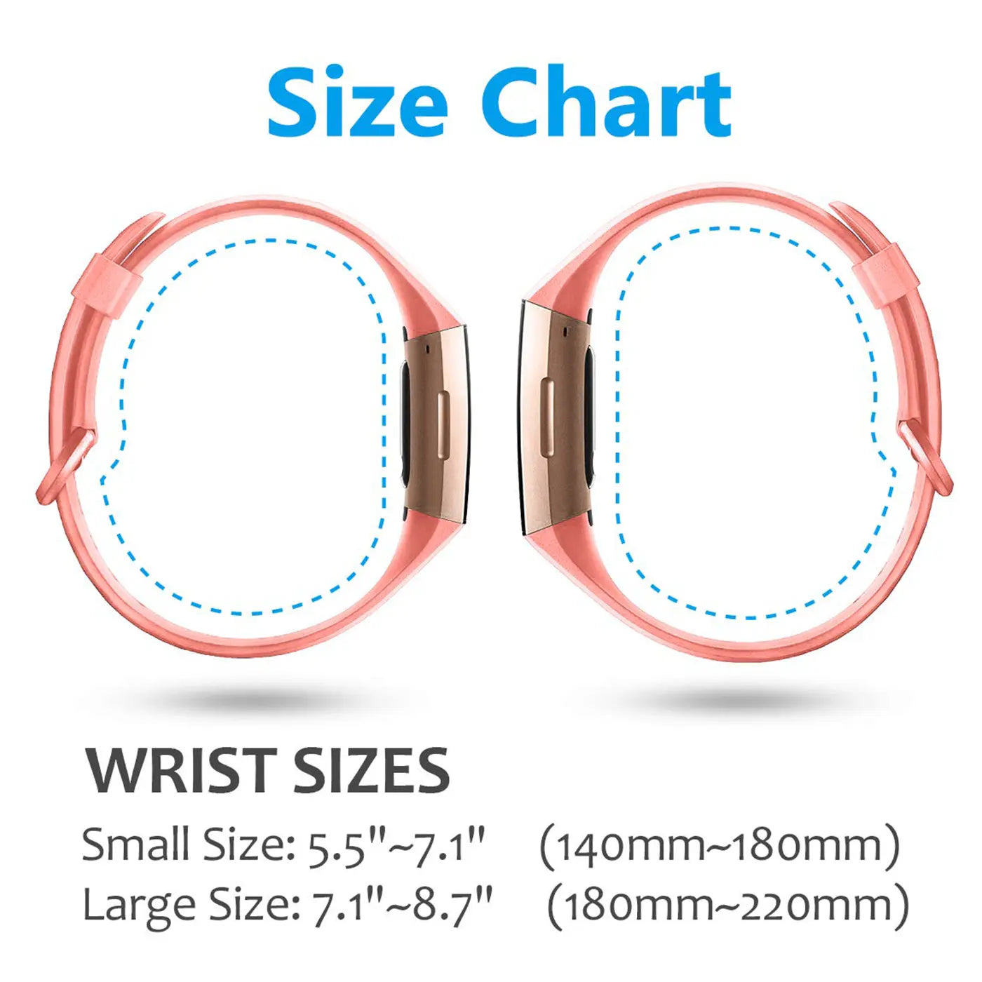 Größentabelle für Fitbit Charge 3/4 Silikonarmbänder in Roségold, Seitenansicht, mit Handgelenkumfang-Angaben.