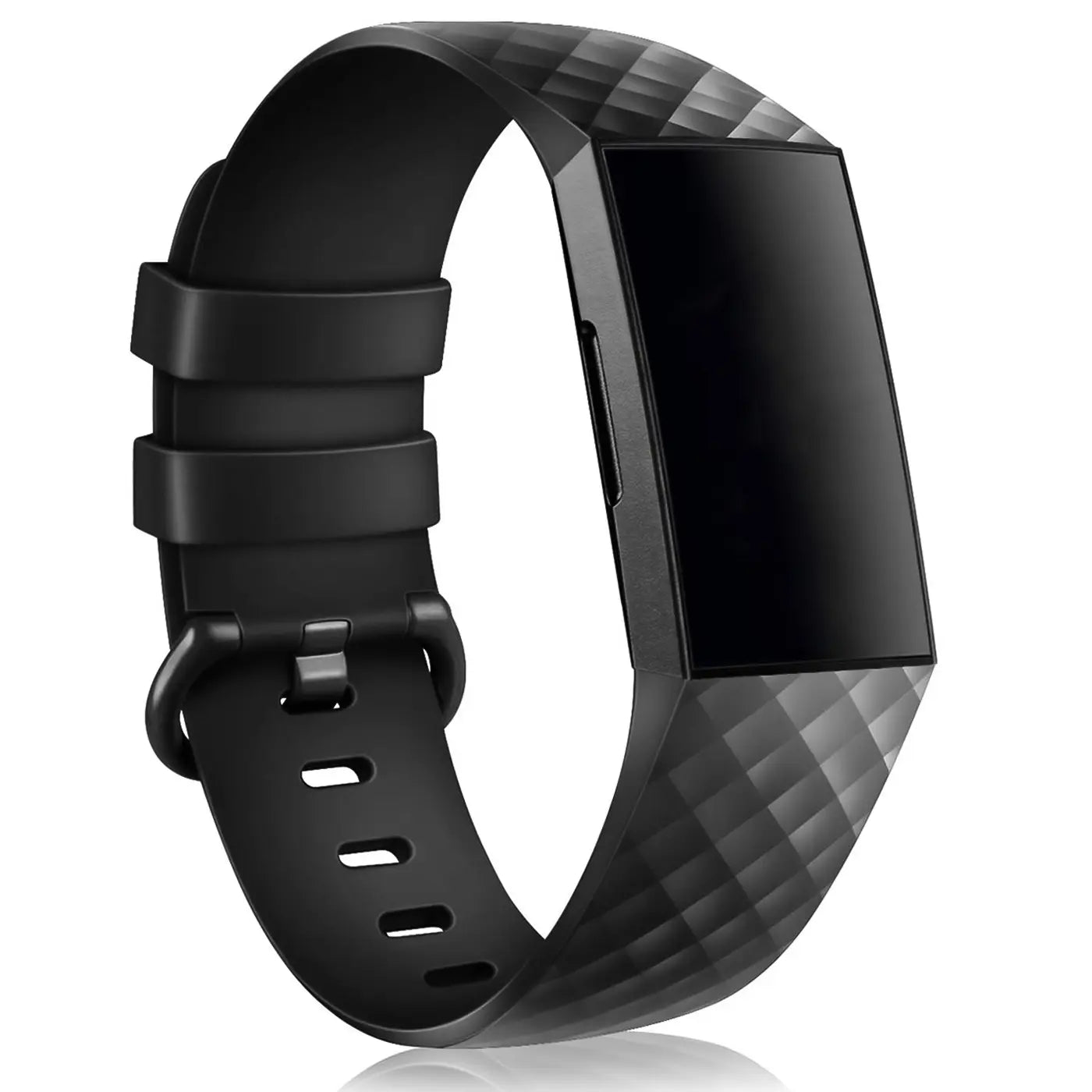 Schwarzes Silikonarmband für Fitbit Charge 3/4 mit Rautenmuster, Schnalle und Dornverschluss, leicht schräg von vorne.
