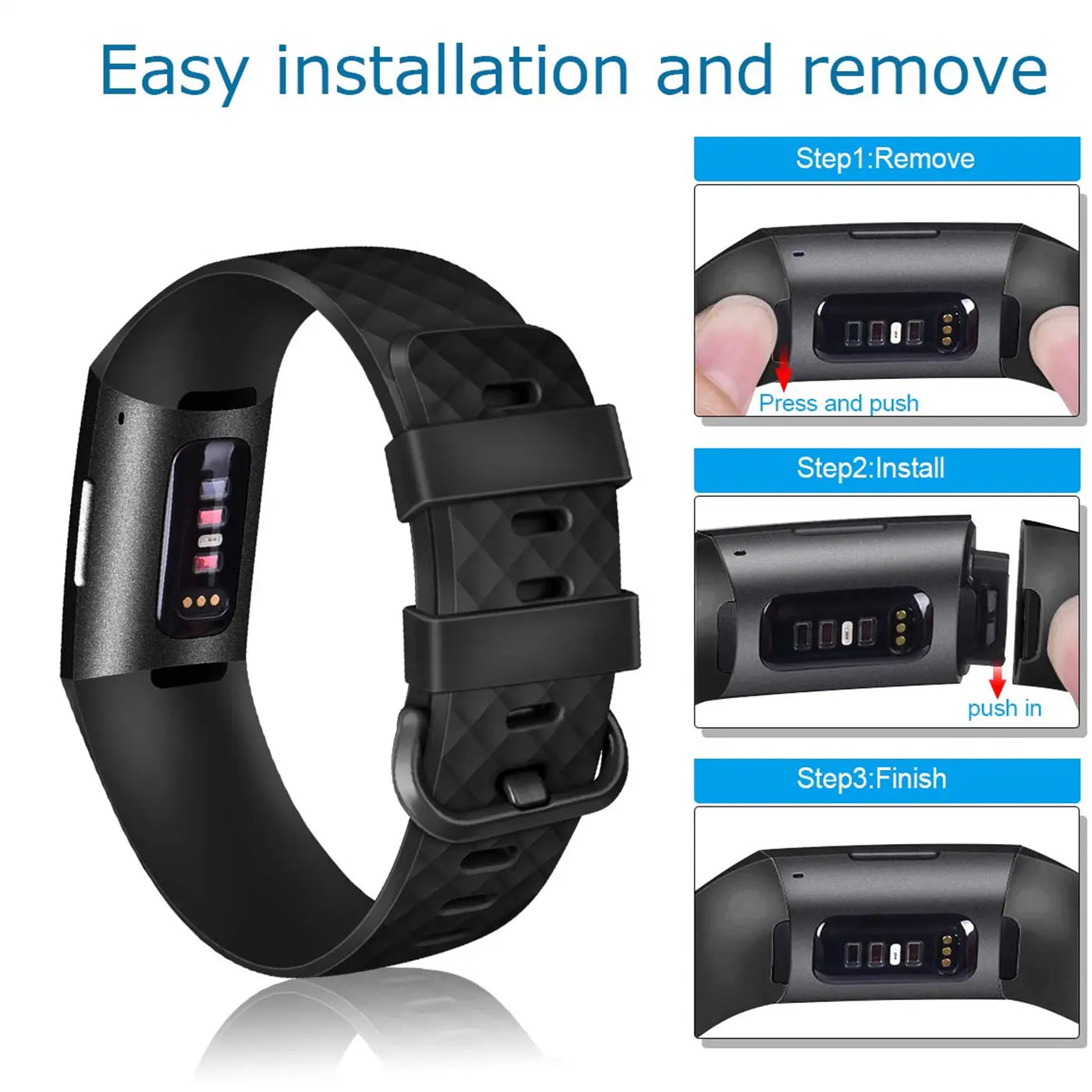 Schwarzes Silikonarmband für Fitbit Charge 3/4, von schräg oben. Rechts daneben: 3 Schritte zur Installation.
