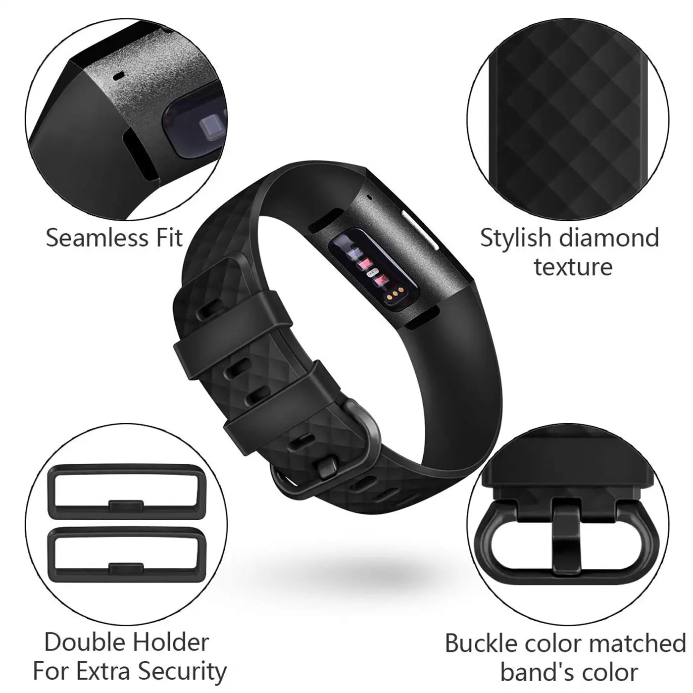 Schwarzes Silikonarmband für Fitbit Charge 3/4 mit Rautenmuster, Schnalle und zwei Haltern, von oben links.