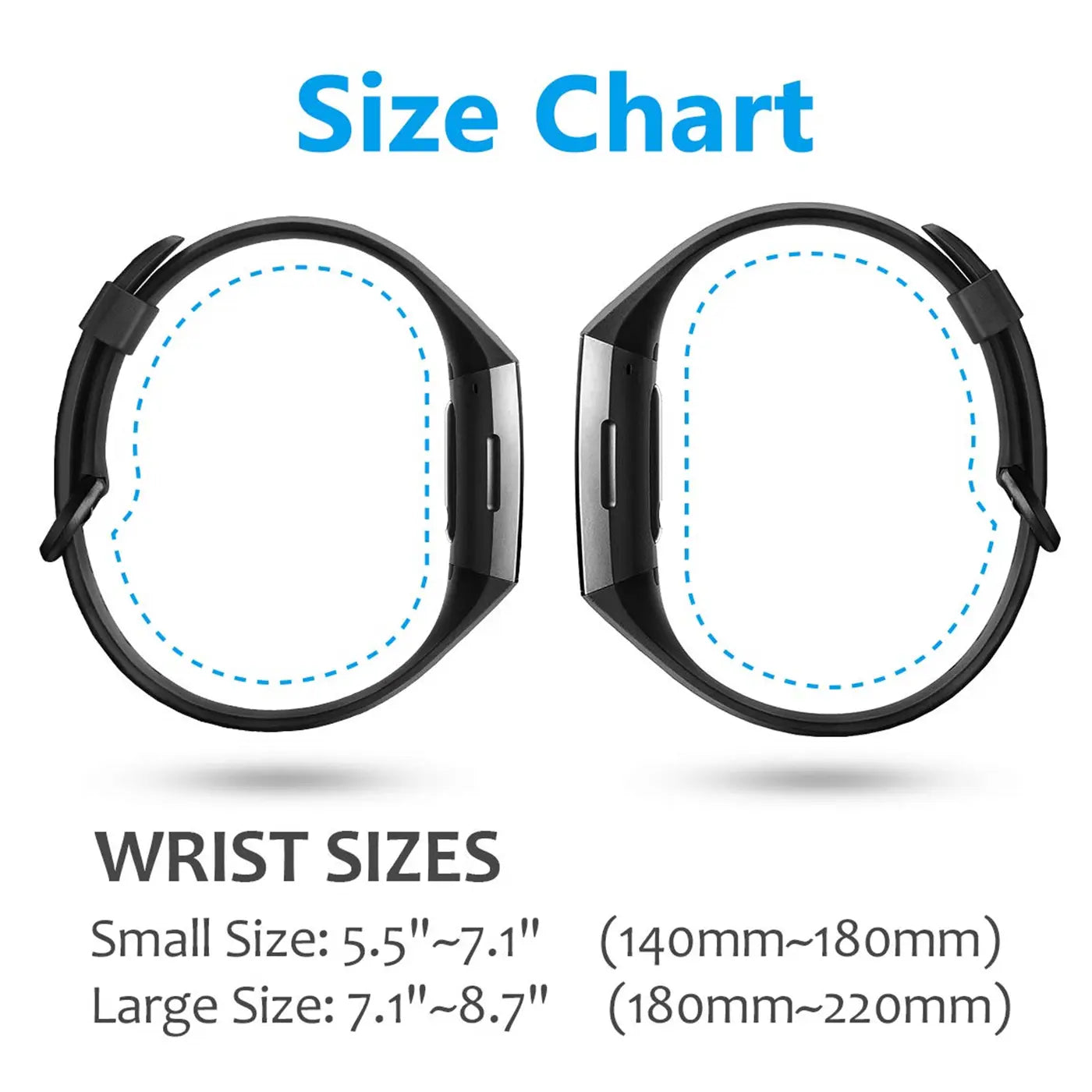 Größentabelle für schwarze Fitbit Charge 3/4 Silikonarmbänder. Zwei Armbänder von oben, mit Handgelenkgrößenangaben.