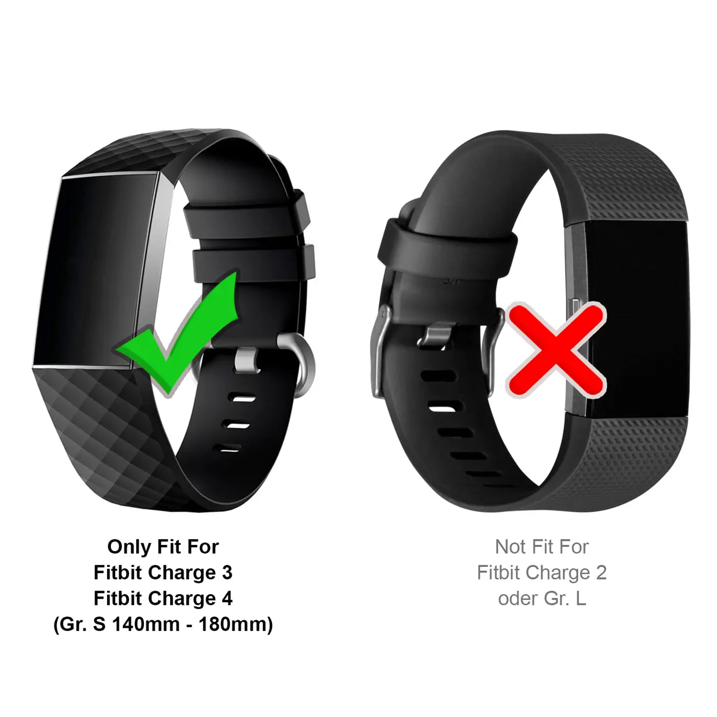 Zwei schwarze Silikon-Armbänder für Fitbit Charge, schräg von vorne. Links mit Haken für Charge 3/4, rechts mit Kreuz für.
