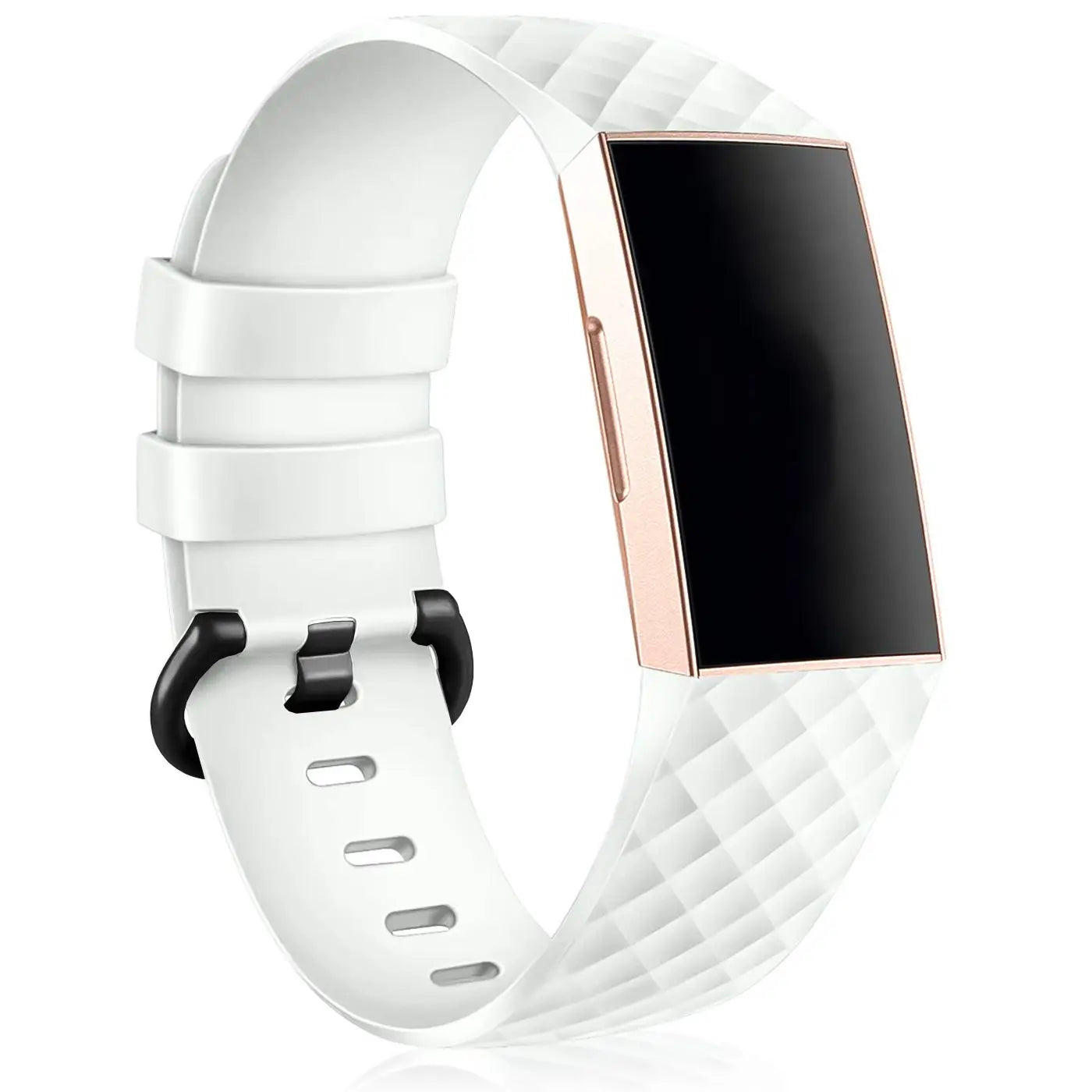 Weißes Silikonarmband für Fitbit Charge 3/4, mit Rautenmuster, schwarzer Schnalle und roségoldenem Gehäuse, schräg von oben.