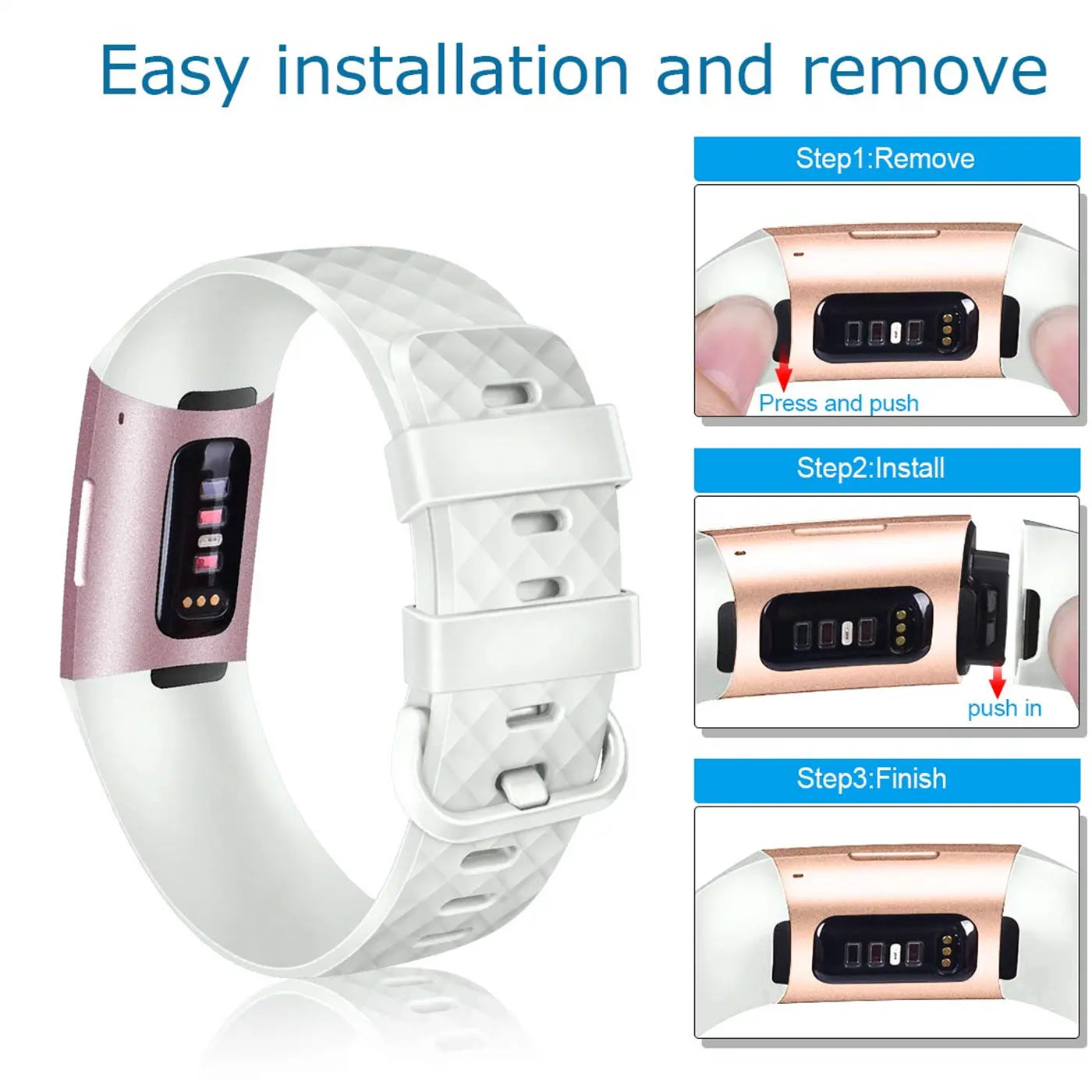 Weißes Silikonarmband für Fitbit Charge 3/4 mit roségoldenem Tracker, schräg von oben. Rechts 3 Schritte zur Montage.