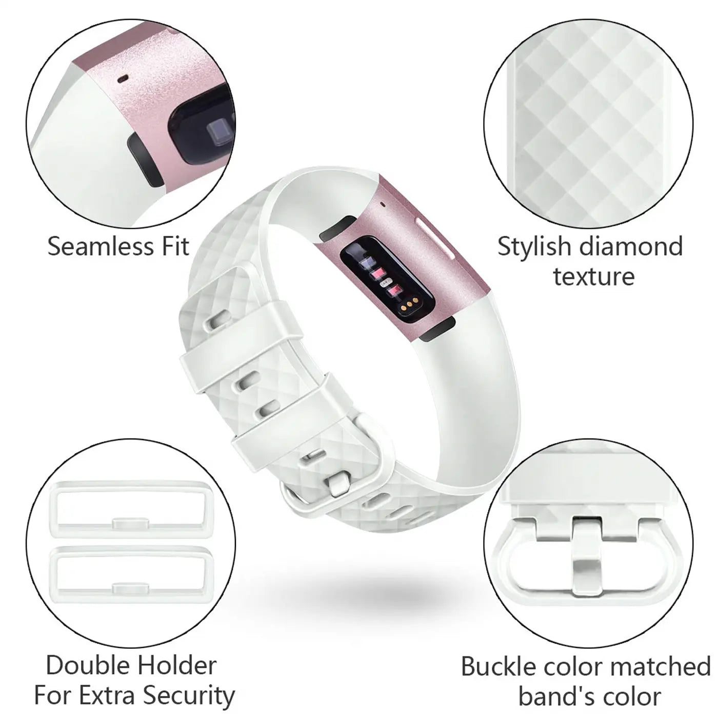 Weißes Silikonarmband mit Rautenmuster für Fitbit Charge 3/4, mit roségoldenem Gehäuse und weißer Schnalle, schräg von oben.