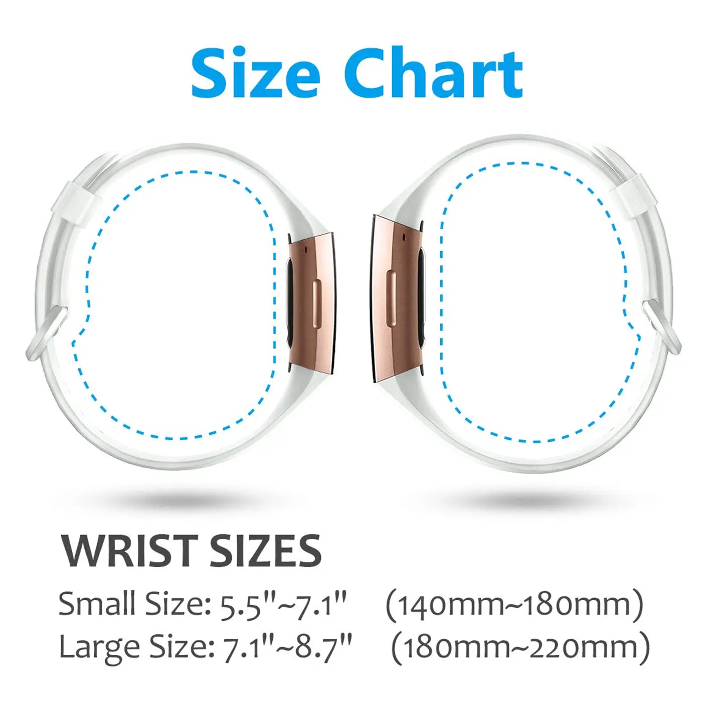 Größentabelle für Fitbit Charge 3/4 Silikonarmbänder in Weiß mit roségoldener Schnalle, Vorderansicht.