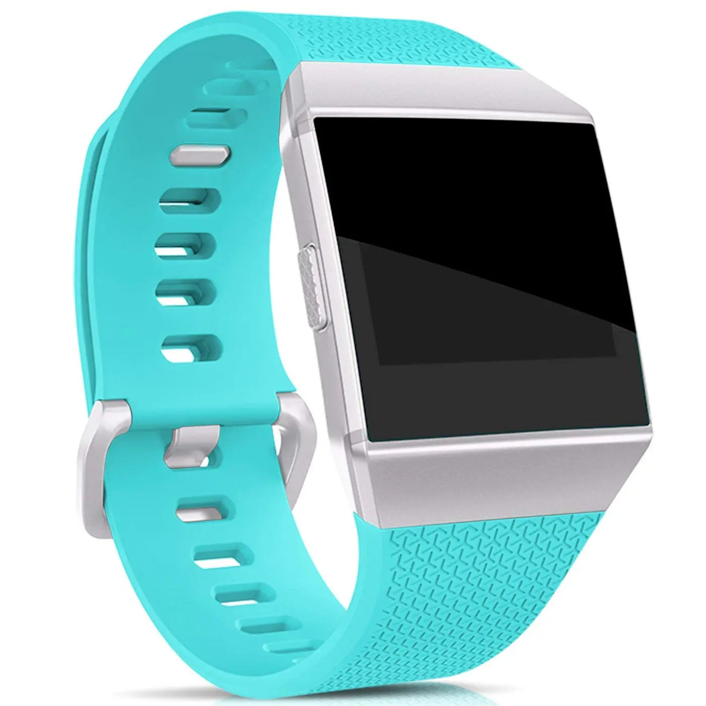 Türkises Silikonarmband für Fitbit Ionic, mit silbernem Verschluss, leicht schräg von oben.