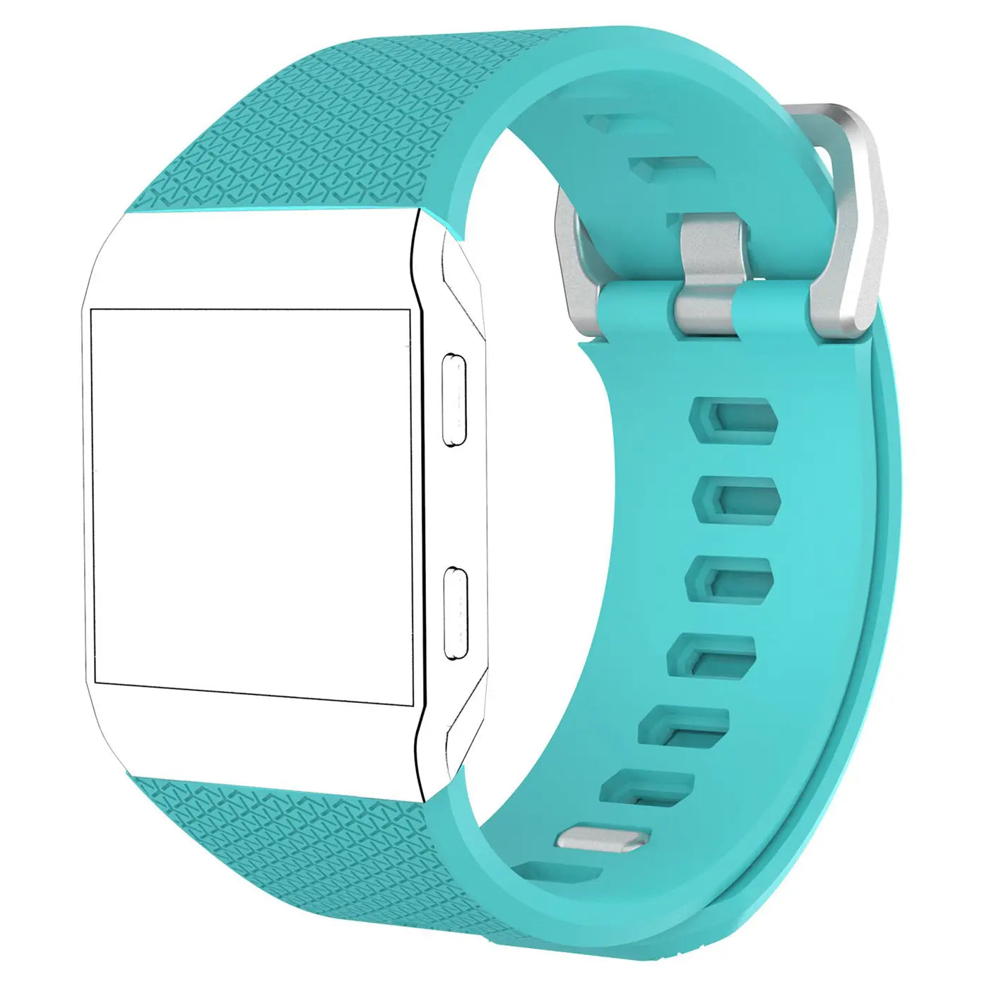 Türkises Silikonarmband für Fitbit Ionic, mit silberner Schnalle und texturierter Oberfläche, schräg von oben.