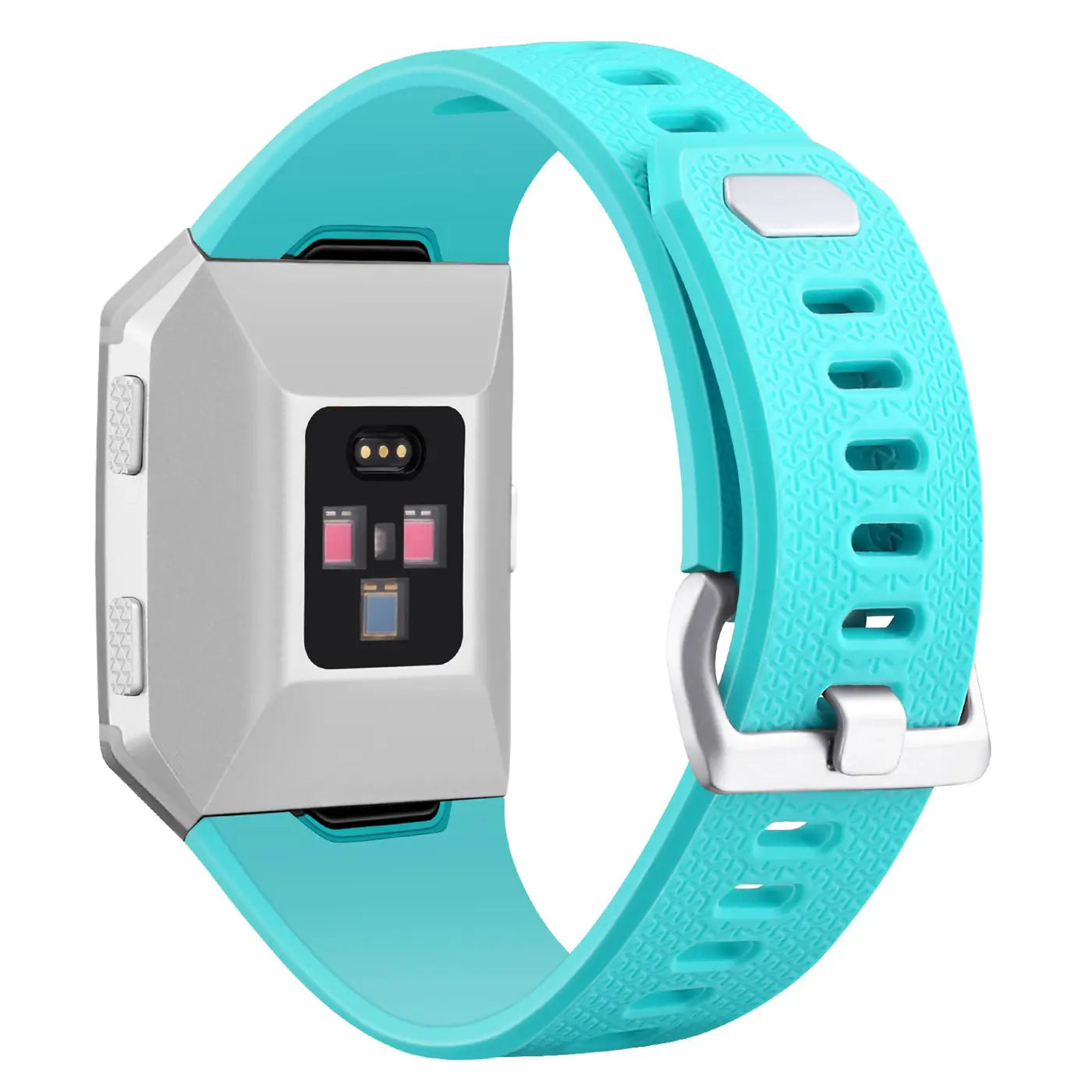Fitbit Ionic mit türkisfarbenem Silikonarmband, Rückseite der Smartwatch mit Sensoren, leicht schräg von oben.