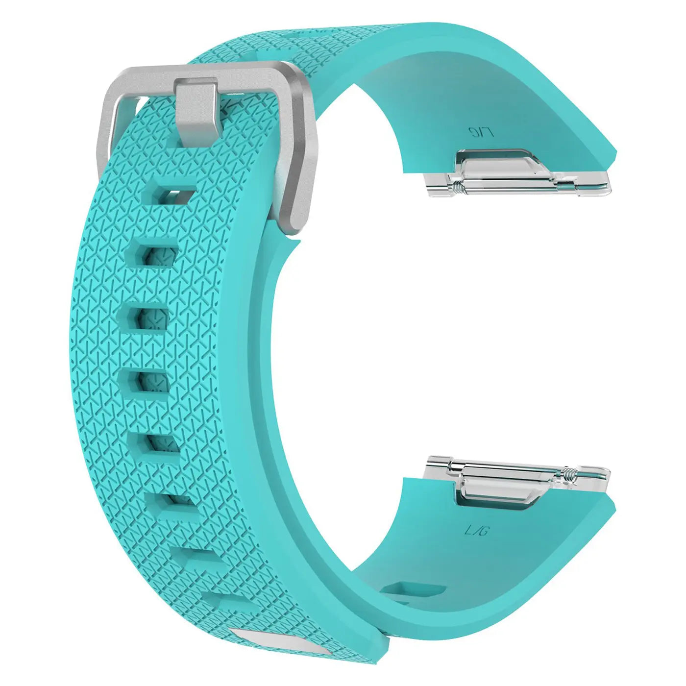Türkises Silikonarmband für Fitbit Ionic, mit silberner Schnalle und gemusterter Oberfläche, von oben links.