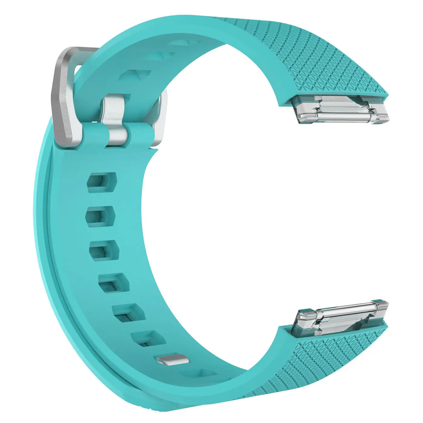 Türkisblaues Silikonarmband für Fitbit Ionic, von oben links nach unten rechts gebogen, mit silberner Schnalle und.