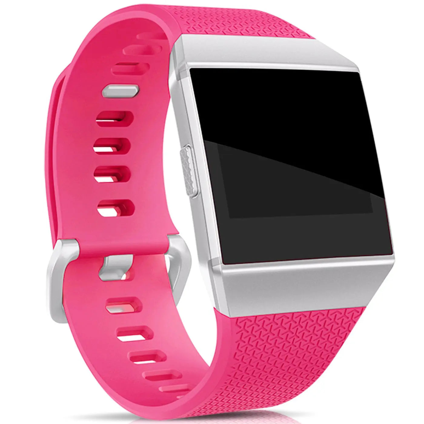 Fitbit Ionic mit pinkem Silikonarmband, von oben rechts leicht schräg fotografiert, Display schwarz.