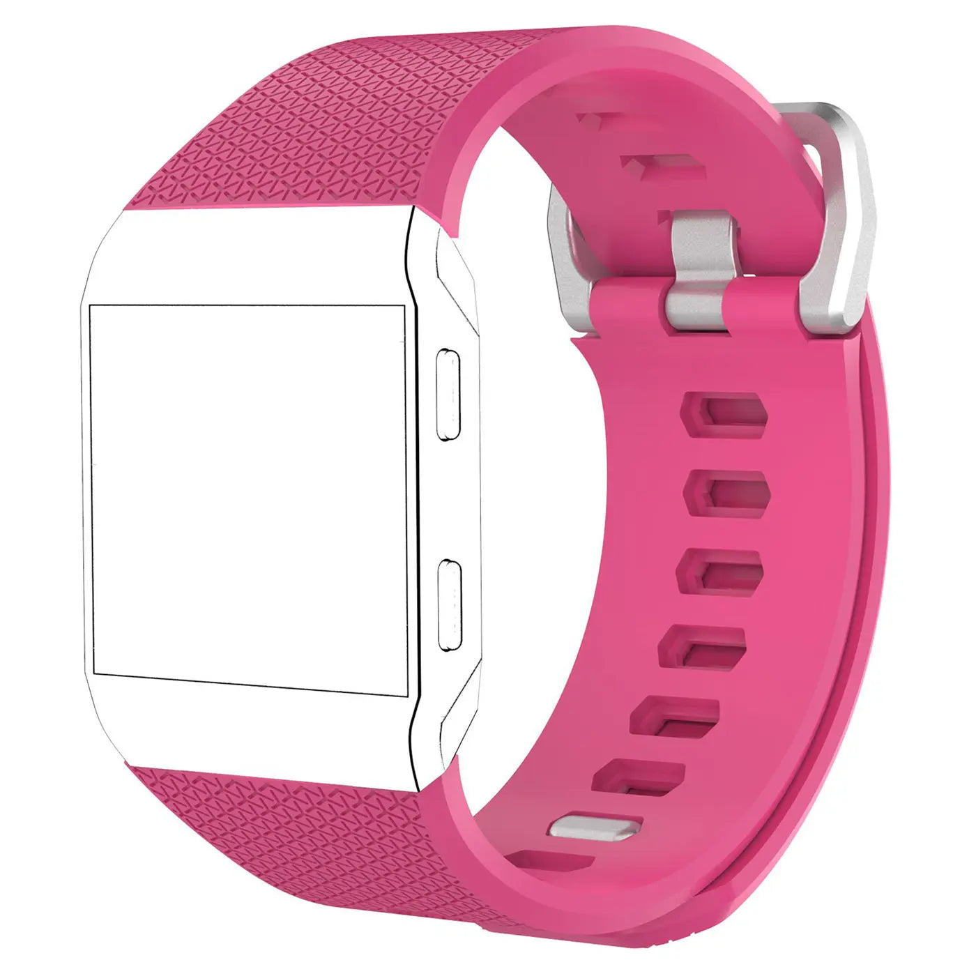 Pinkes Silikon-Armband für Fitbit Ionic, mit silberner Schnalle, von oben rechts gesehen.