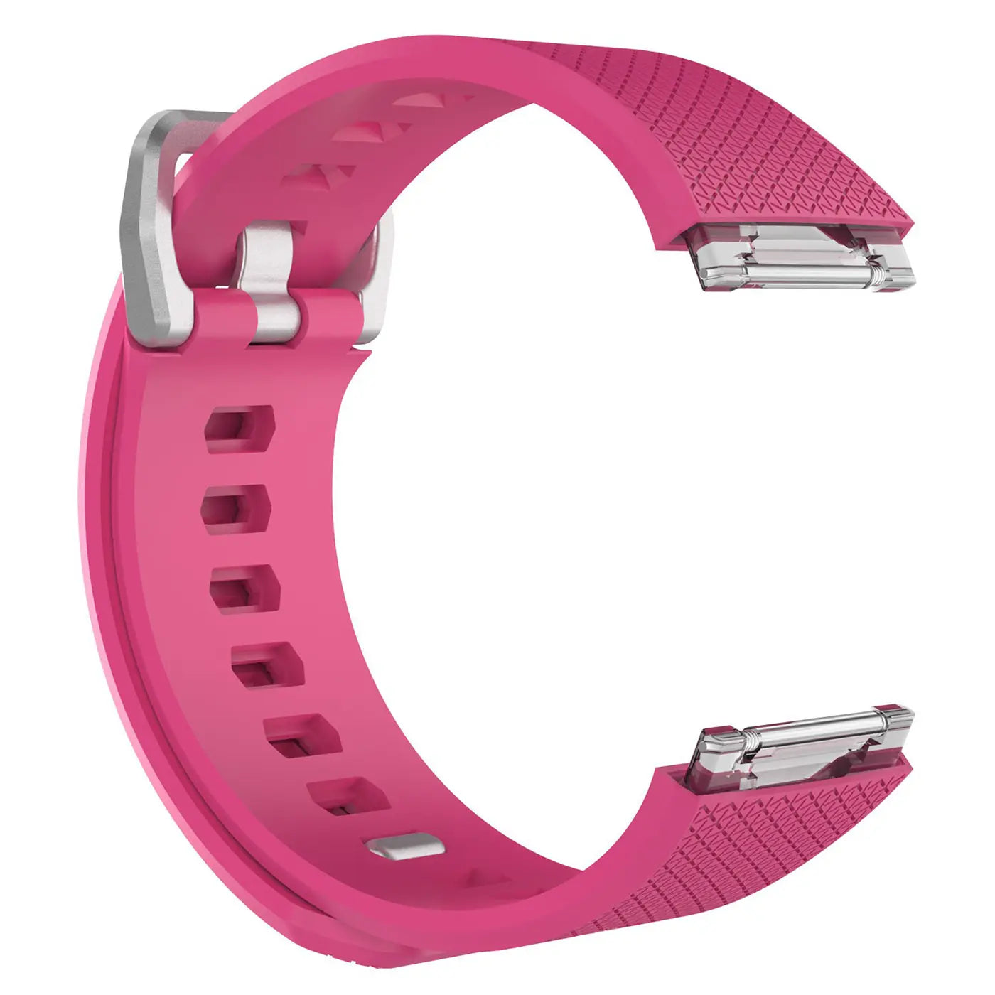 Pinkes Silikonarmband für Fitbit Ionic, von oben links nach unten rechts gekrümmt, mit silberner Schnalle und Befestigungen.
