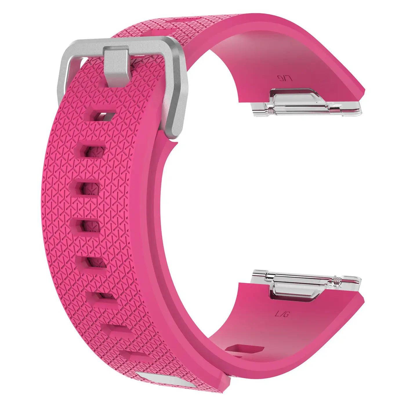 Gebogenes, pinkes Silikonarmband für Fitbit Ionic, mit silberner Schnalle und Befestigungen, von schräg oben.