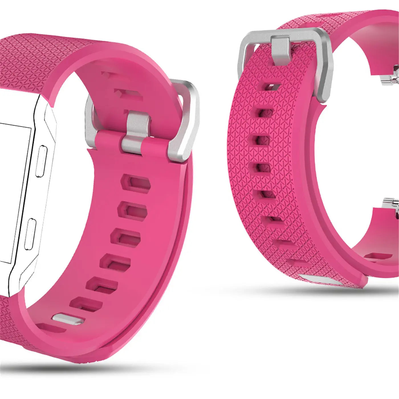 Zwei Ansichten eines pinken Silikonarmbands für Fitbit Ionic mit silberner Schnalle und Textur, von schräg oben.