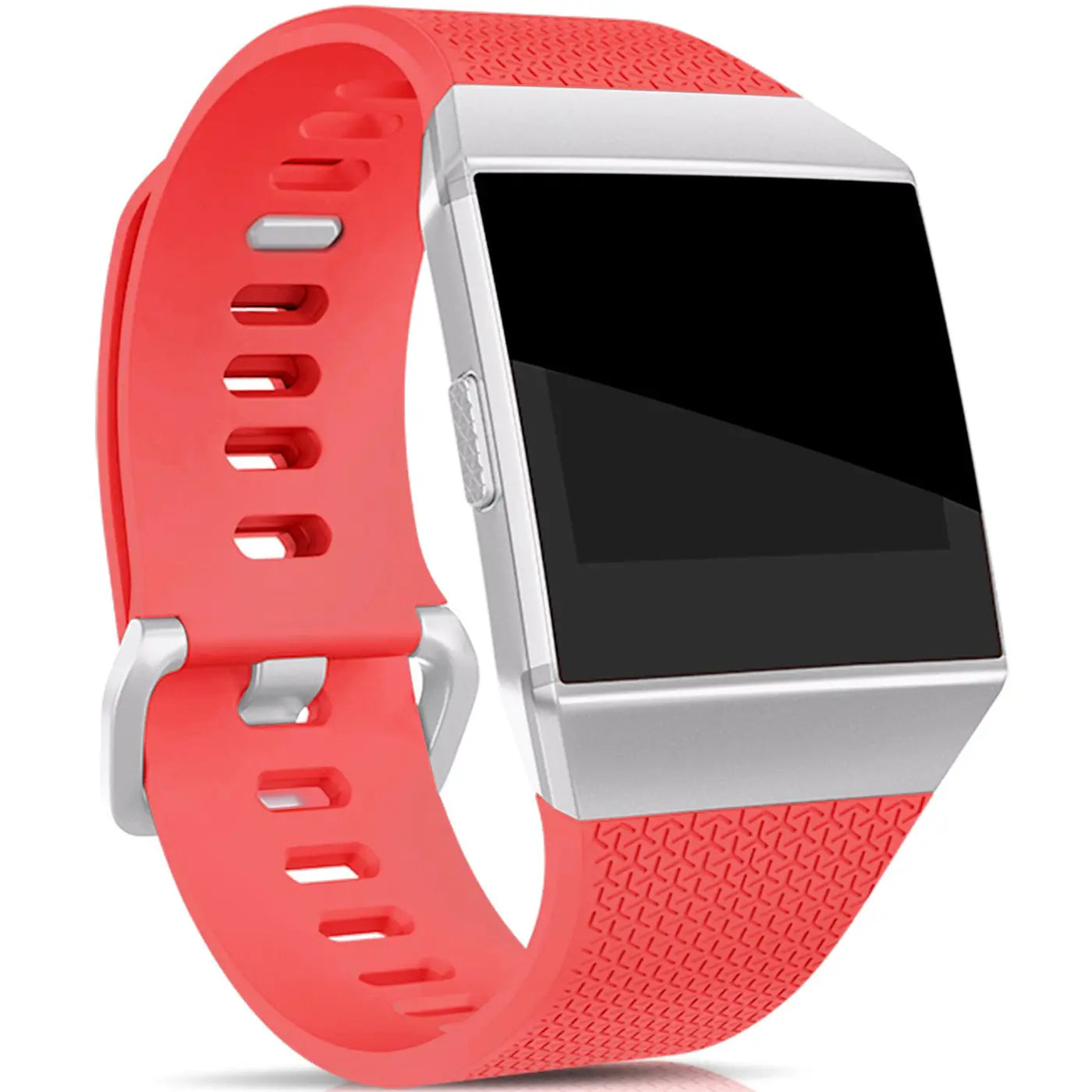 Fitbit Ionic mit korallenrotem Silikonarmband, von vorne leicht schräg oben aufgenommen.