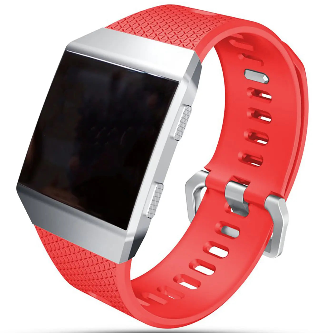 Fitbit Ionic Smartwatch mit rotem Silikonarmband und silberner Schnalle, von oben rechts fotografiert.