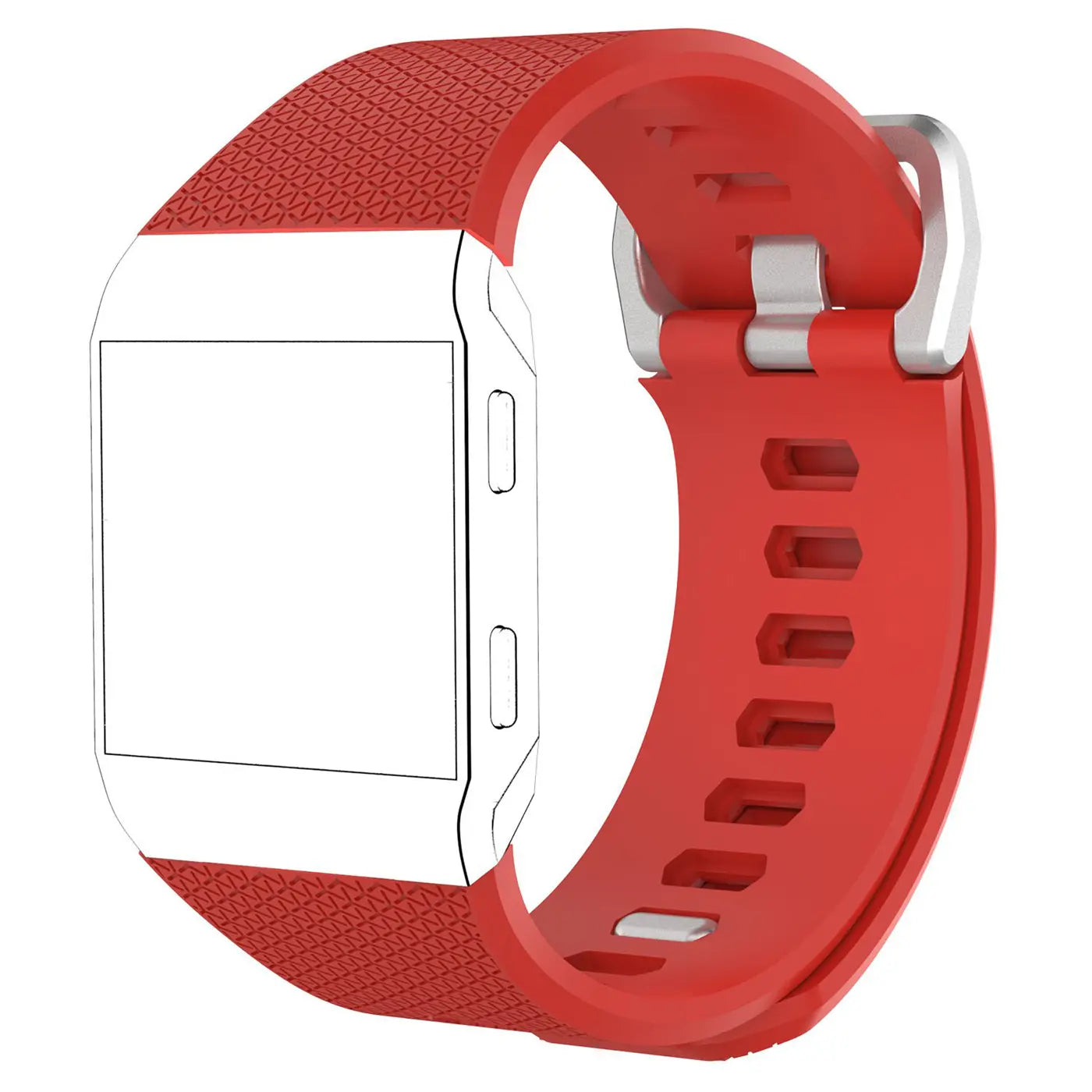 Rotes Silikonarmband für Fitbit Ionic Smartwatch, schräg von oben rechts, mit silberner Schnalle.