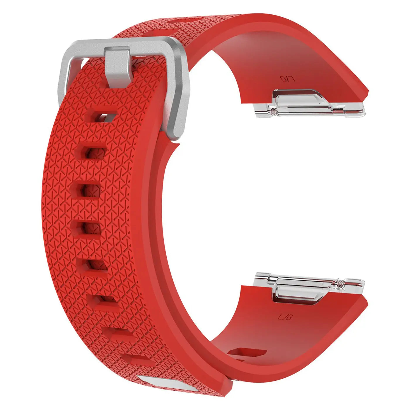 Rotes Silikonarmband für Fitbit Ionic, von oben links nach unten rechts gebogen, mit silberner Schnalle und.