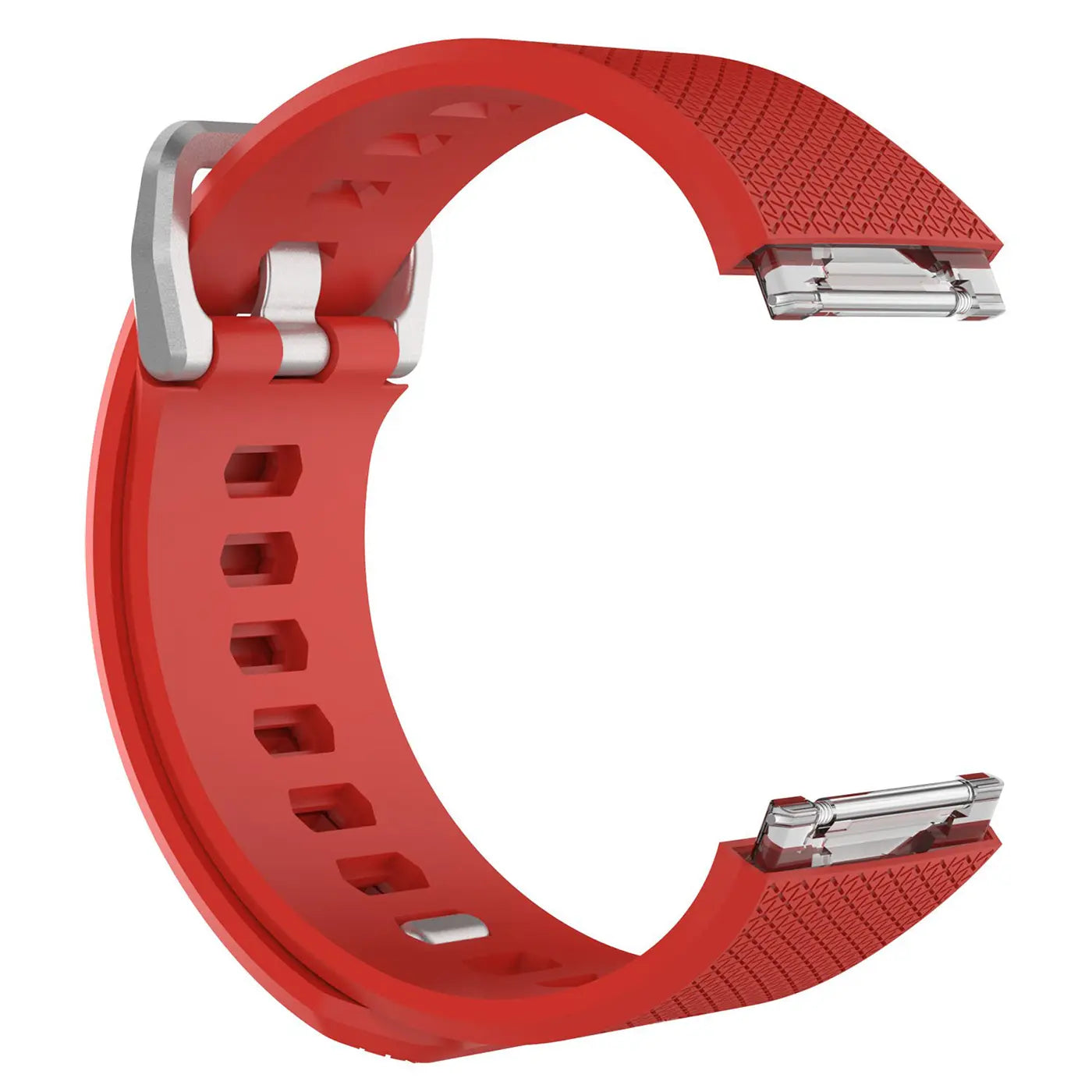 Rotes Silikonarmband für Fitbit Ionic, von oben links nach unten rechts gebogen, mit silberner Schnalle und Anschlüssen.