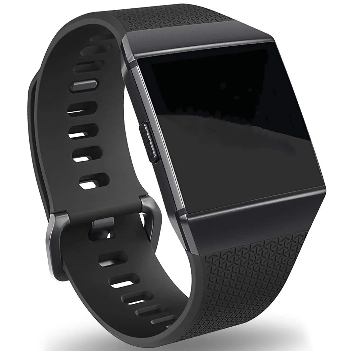 Schwarzes Silikonarmband für Fitbit Ionic, von oben rechts fotografiert. Das Armband ist leicht gebogen.