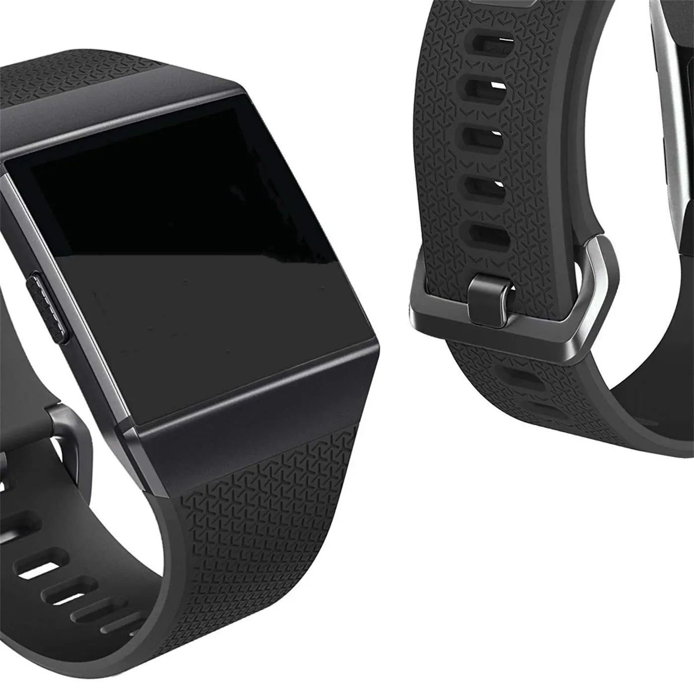 Schwarzes Silikonarmband für Fitbit Ionic, mit strukturierter Oberfläche und Metallschnalle, schräg von oben.