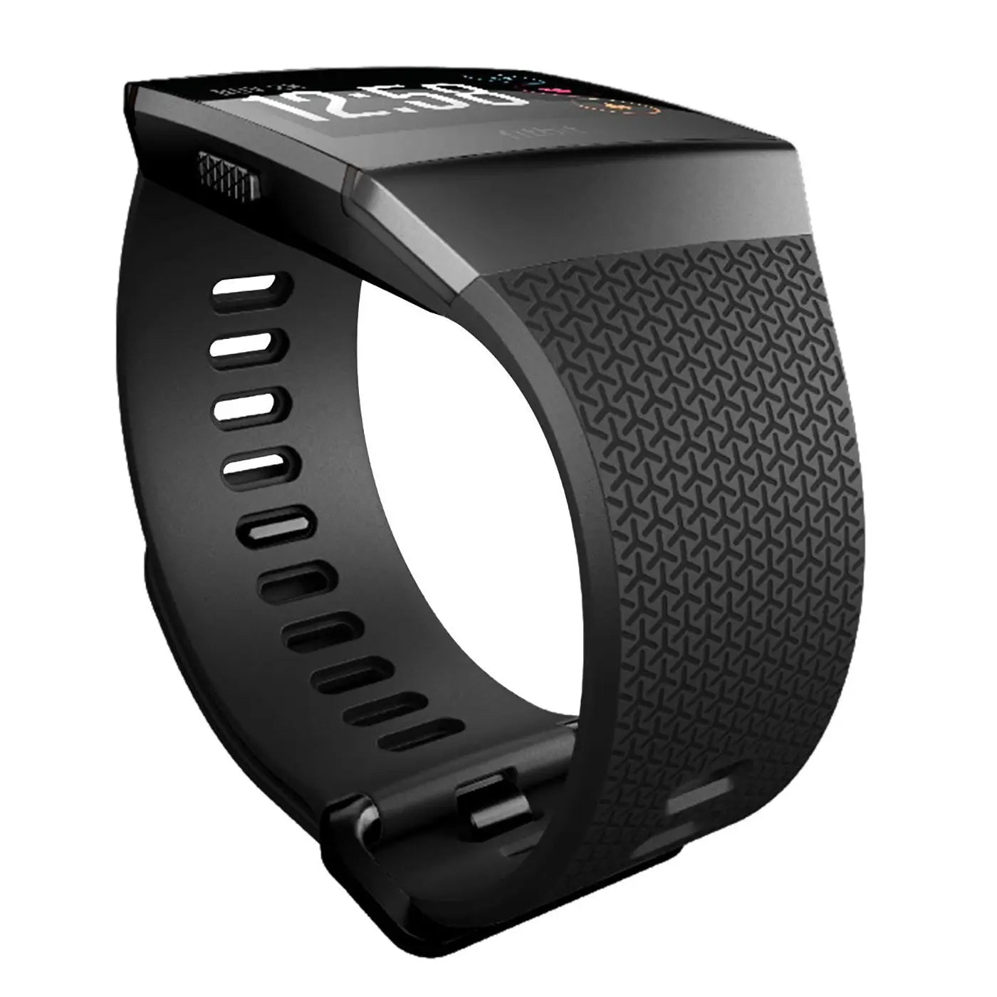 Schwarzes Silikonarmband für Fitbit Ionic, mit strukturiertem Muster auf der Außenseite und Löchern auf der Innenseite.