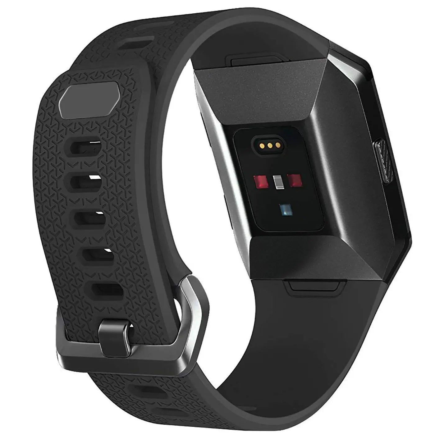 Schwarzes Silikonarmband für Fitbit Ionic, von hinten rechts oben gesehen, mit Herzfrequenzsensor sichtbar.