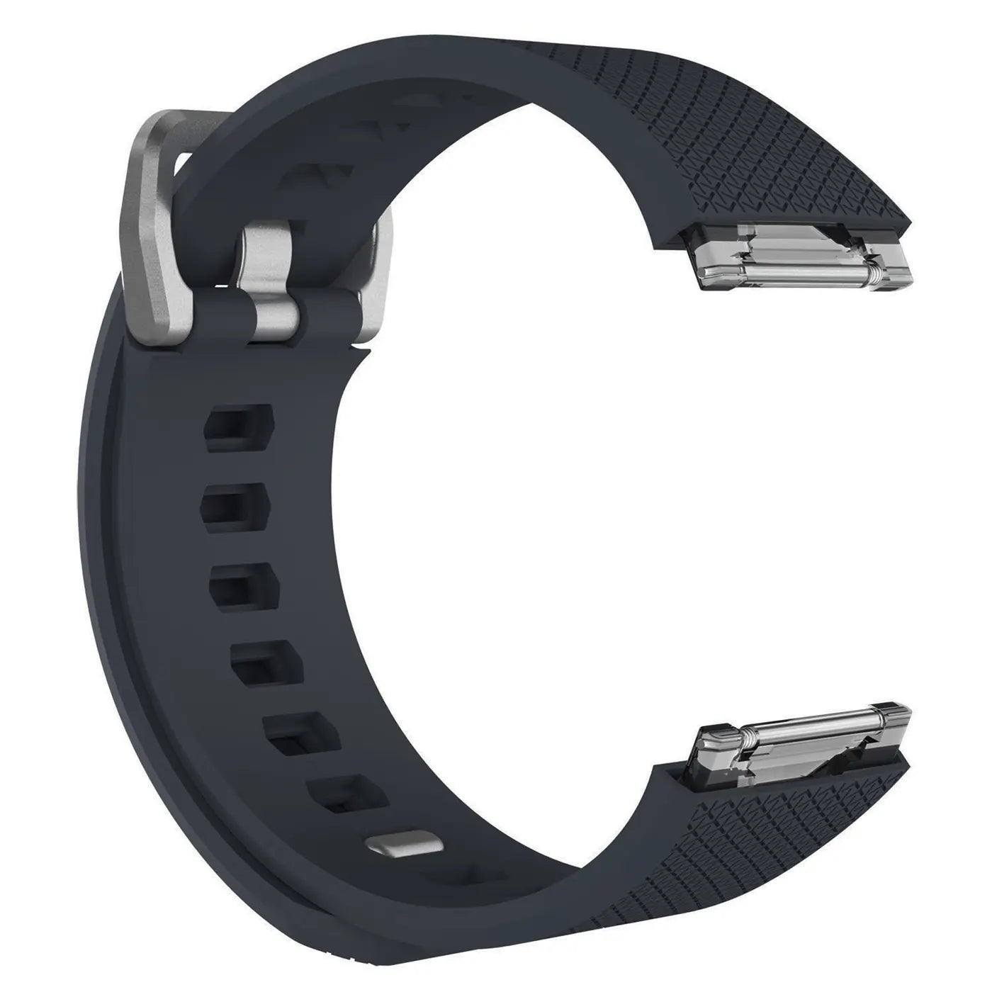 Dunkelblaues Silikonarmband für Fitbit Ionic, von oben links nach unten rechts gebogen, mit silberner Schnalle.