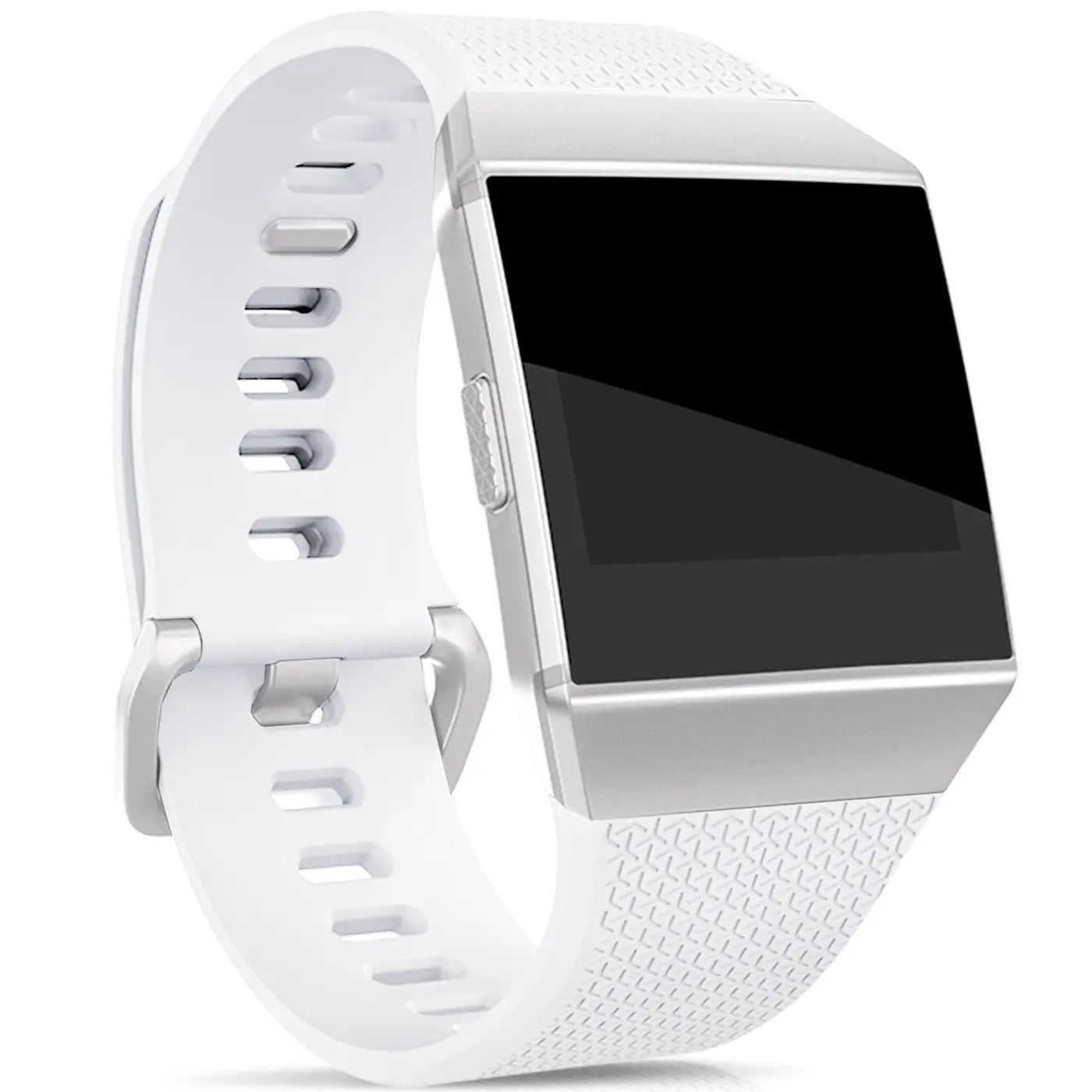 Fitbit Ionic Smartwatch mit weißem Silikonarmband, schräg von vorne, Display schwarz, Armband mit Lochmuster.