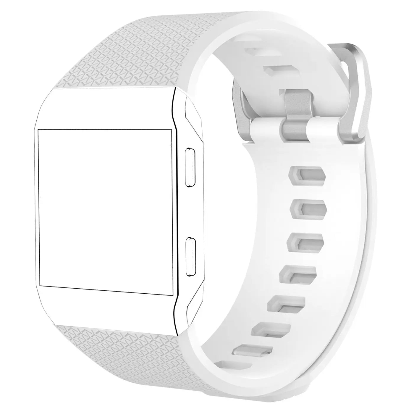 Weißes Silikonarmband für Fitbit Ionic Smartwatch, schräg von oben rechts, mit silberner Schnalle.