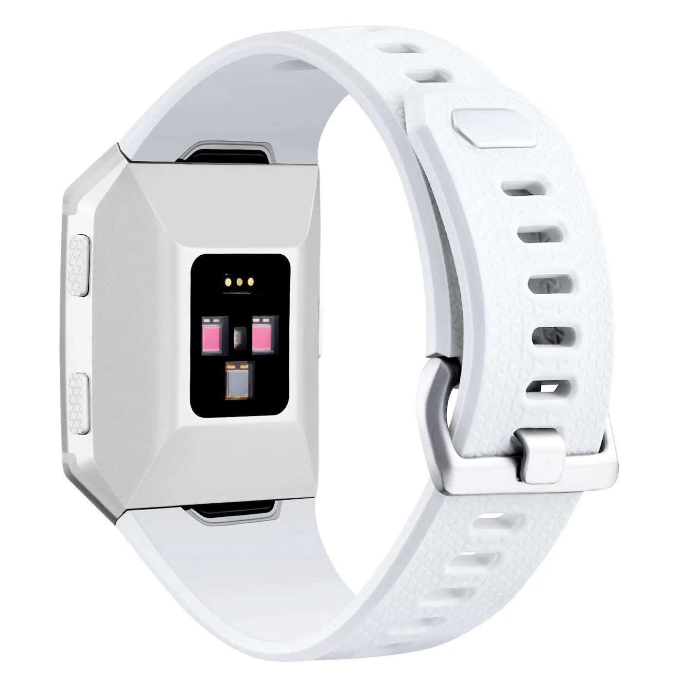 Weißes Silikonarmband für Fitbit Ionic, von hinten oben gesehen. Herzfrequenzsensor leuchtet rot.