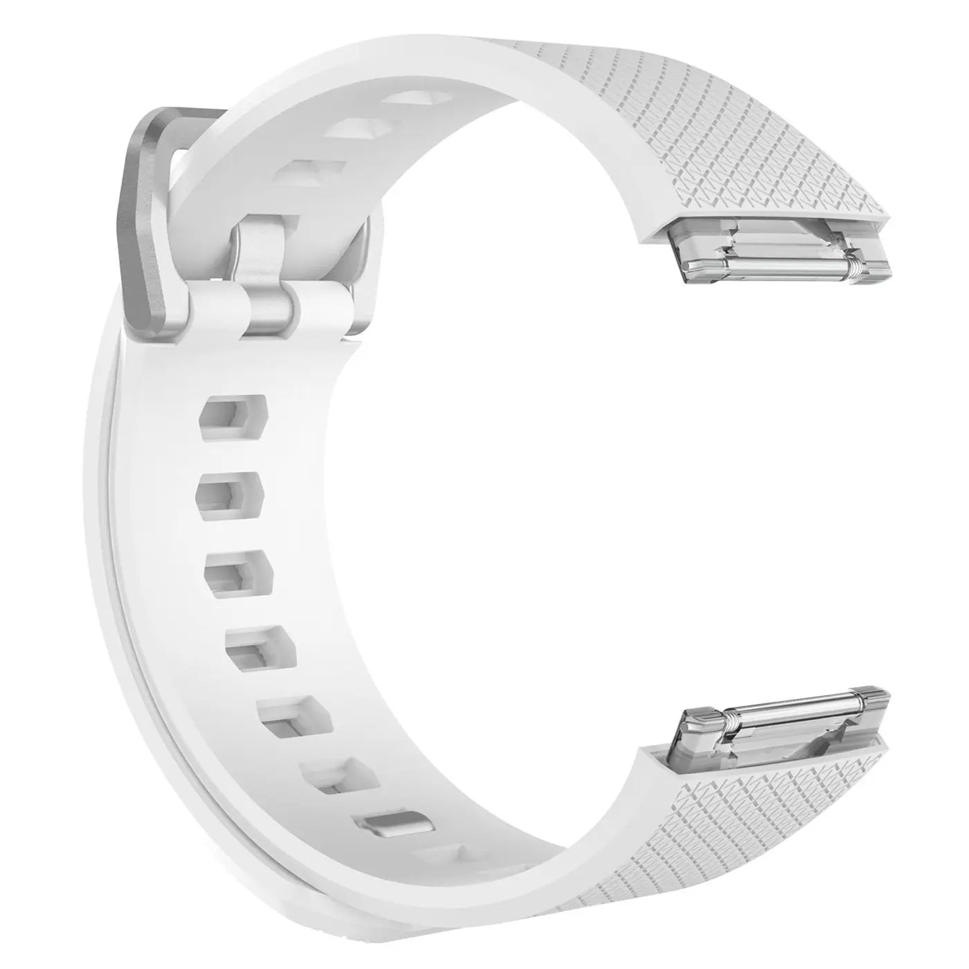 Weißes Silikon-Armband für Fitbit Ionic, von oben links nach unten rechts gebogen, mit Dornschließe und Befestigungen.