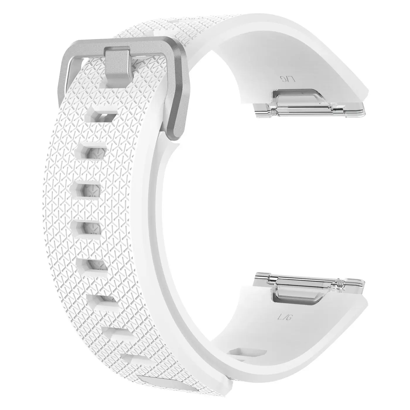 Weißes Silikonarmband für Fitbit Ionic, mit silberner Schnalle und Textur, von oben rechts gesehen.