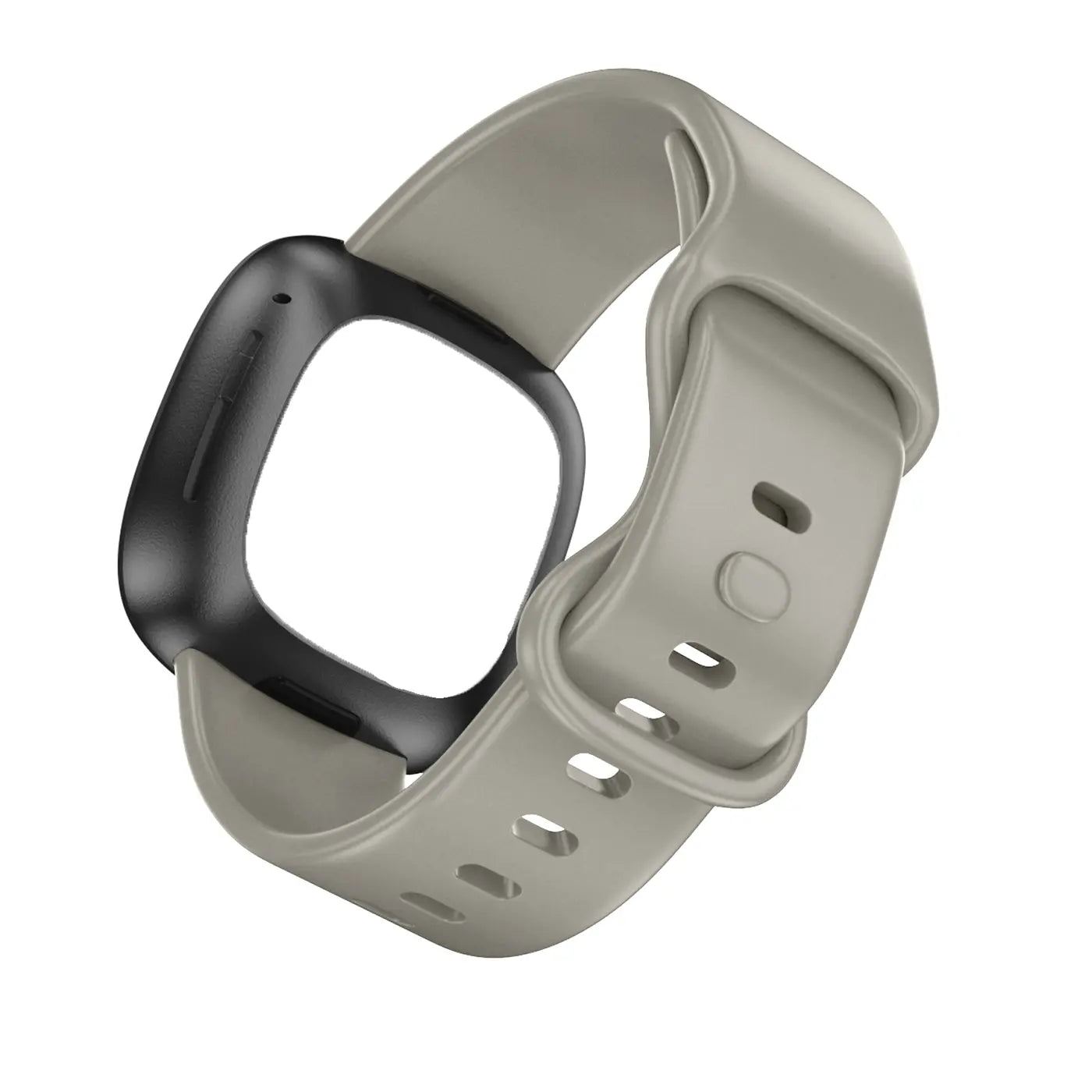 Schrägansicht eines hellgrauen Silikonarmbands für Fitbit Versa 3 / Sense mit schwarzem Gehäuse auf weißem Hintergrund.