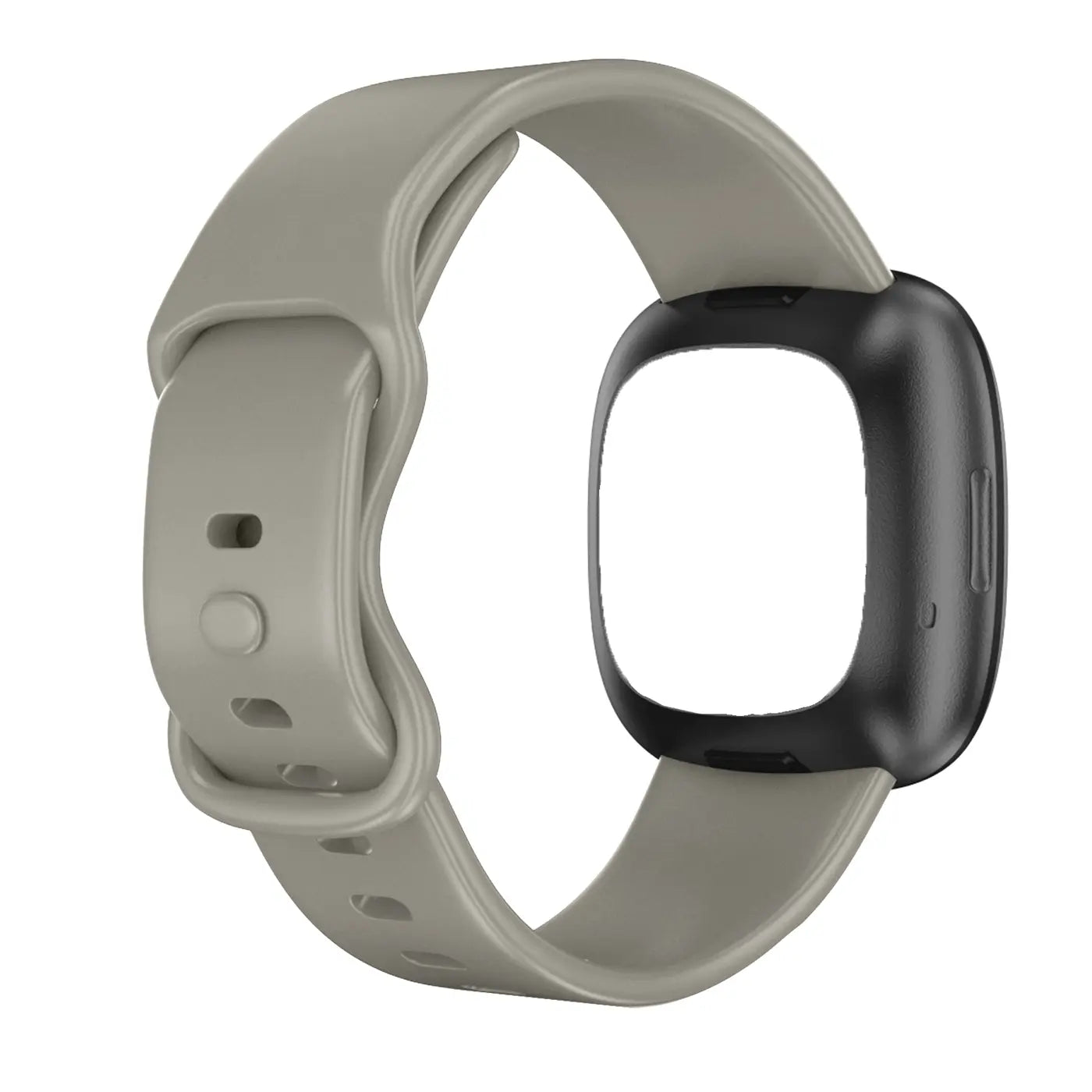Schrägansicht: Beiges Silikonarmband für Fitbit Versa 3 / Sense mit schwarzem Gehäuse, weißer Display-Aussparung.