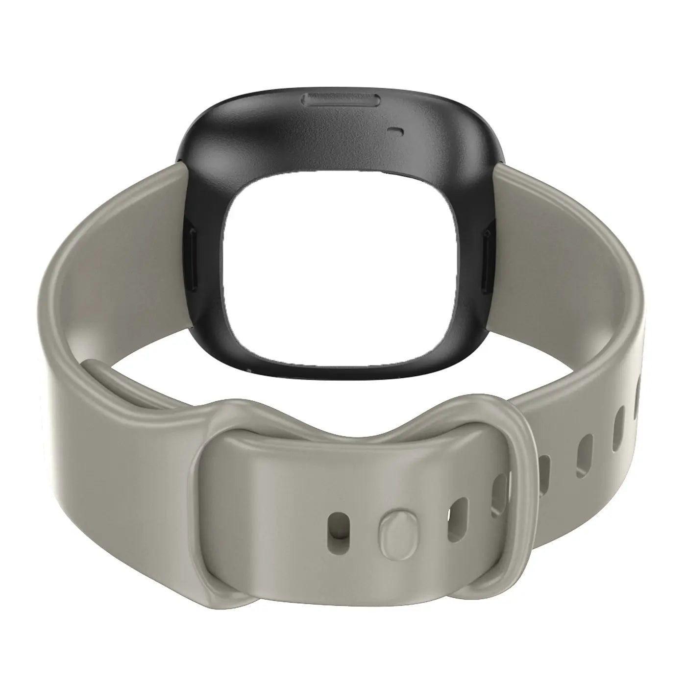 Graues Silikonarmband für Fitbit Versa 3 / Sense, mit schwarzer Halterung, von oben leicht schräg fotografiert.